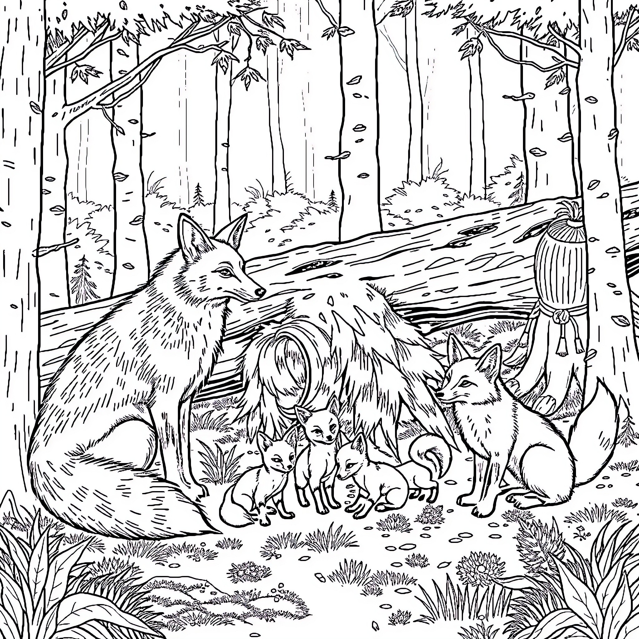 Fox family resting in the serene forest Coloring Page (free black-and-white line drawing printable PDF for all, from beginners to advanced learners, including children, teens, adults, and seniors)