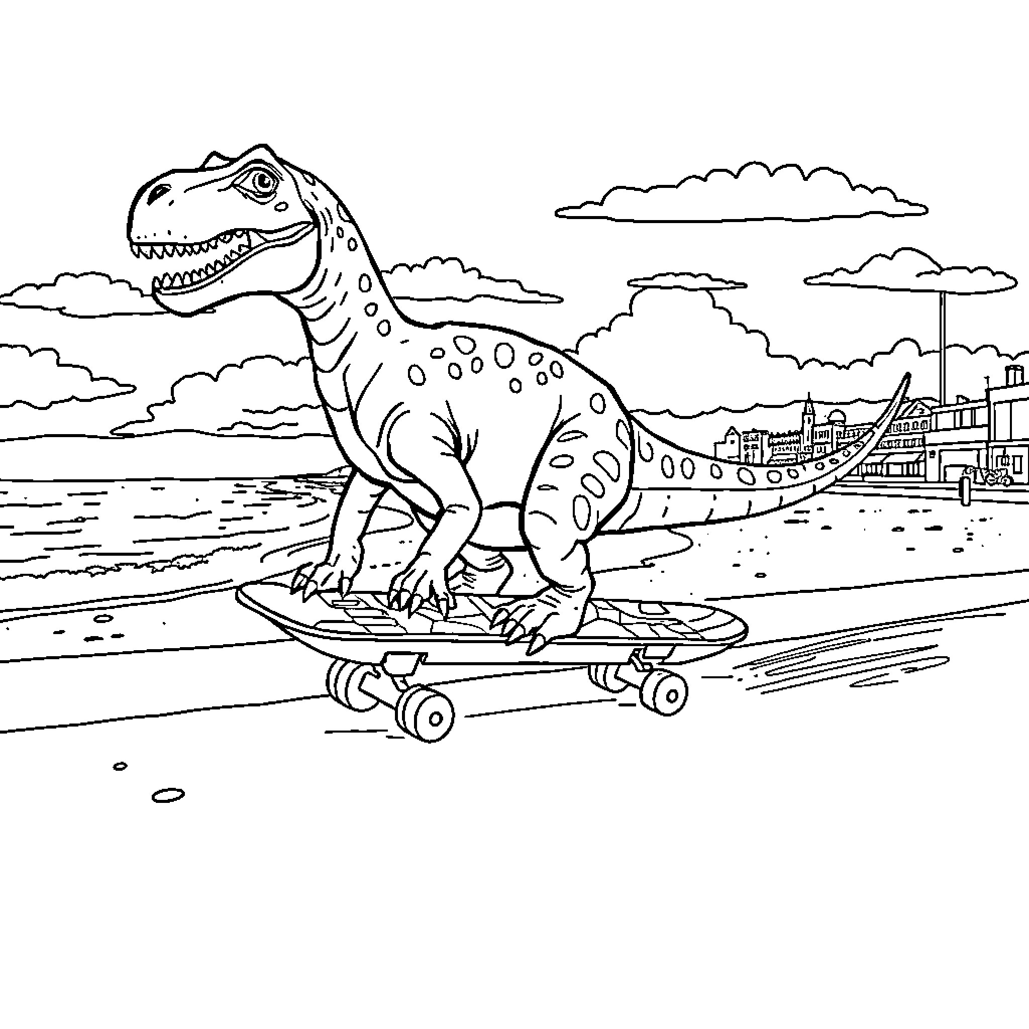 Dinosaur riding skateboard along seaside town Coloring Page (free black-and-white line drawing printable PDF for all, from beginners to advanced learners, including children, teens, adults, and seniors)