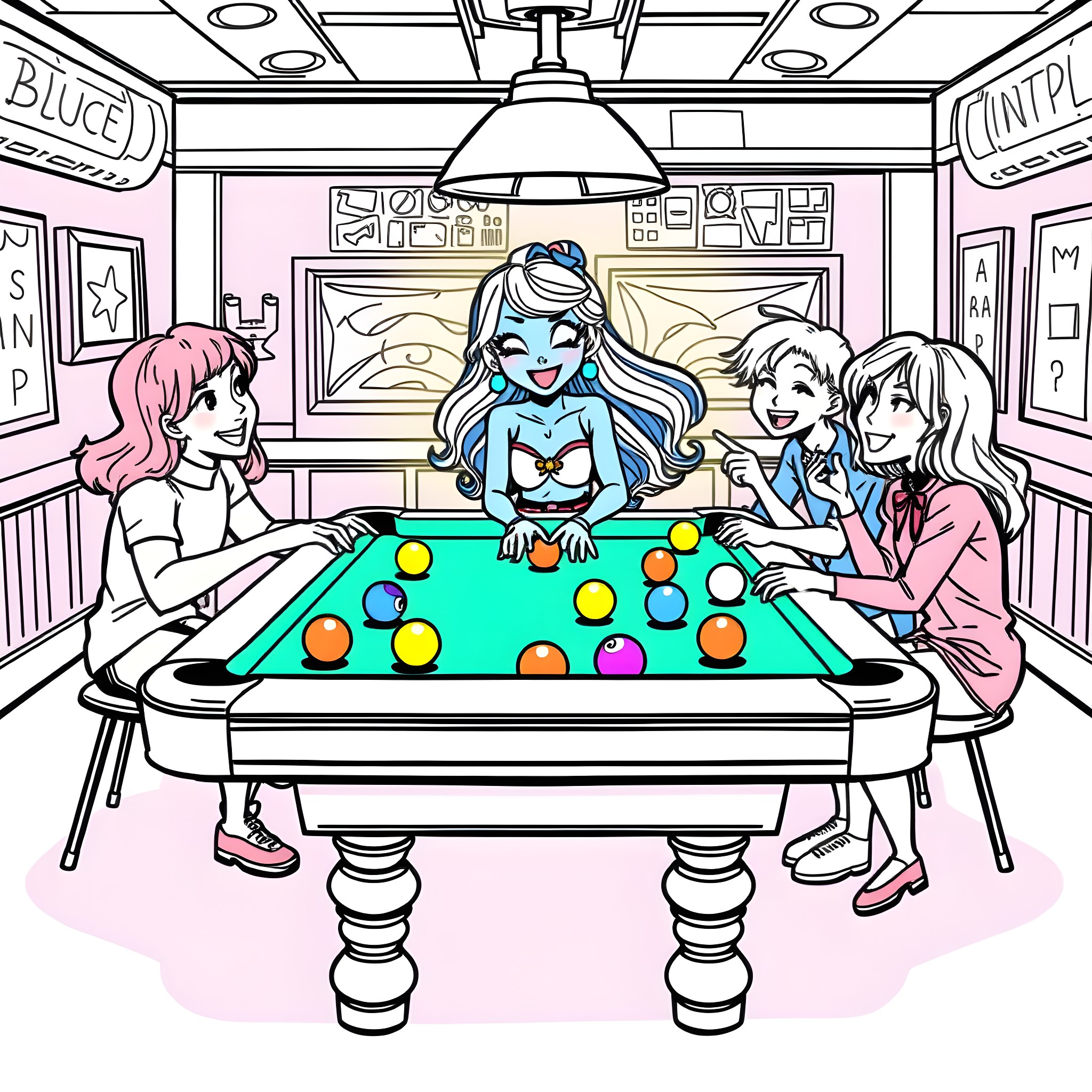 Bluey and friends playing pool at the arcade Coloring Page (free black-and-white line drawing printable PDF for all, from beginners to advanced learners, including children, teens, adults, and seniors)