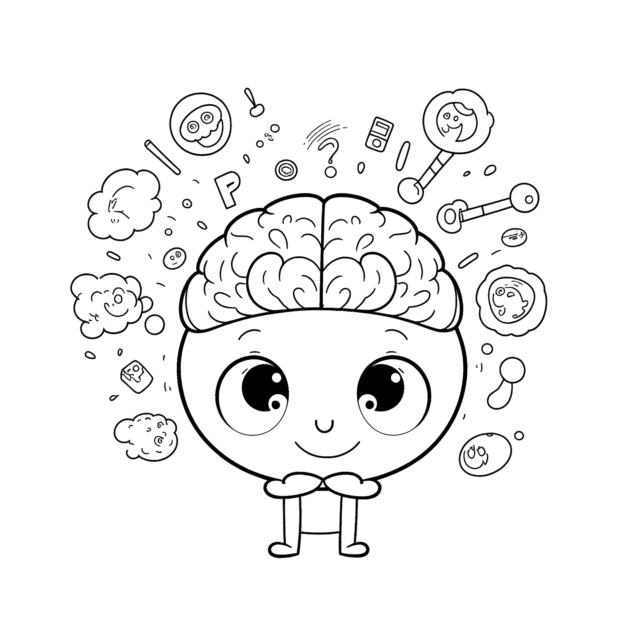 Brain expressing emotions and thoughts Coloring Page (free black-and-white line drawing printable PDF for all, from beginners to advanced learners, including children, teens, adults, and seniors)
