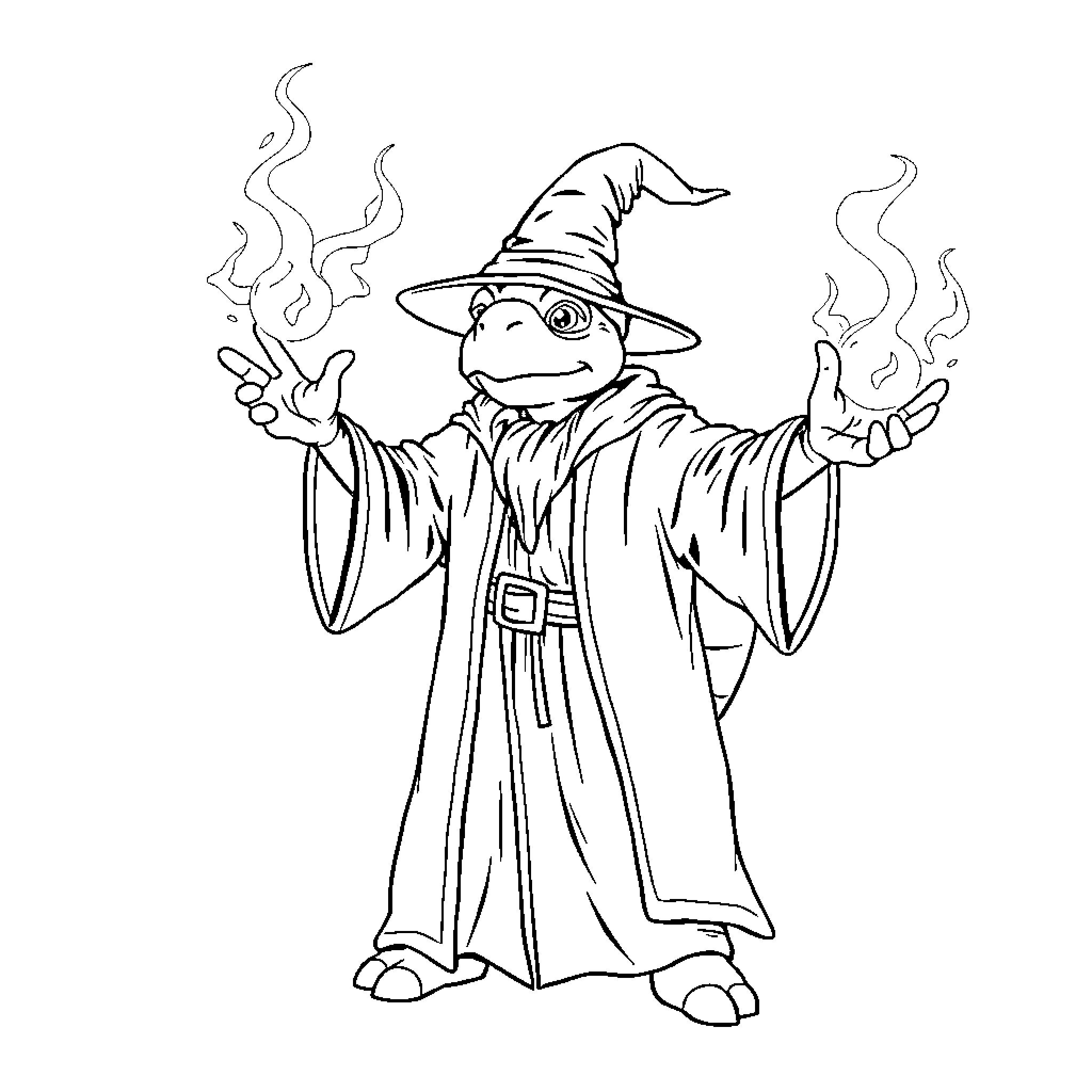 Turtle wizard casting spells Coloring Page (free black-and-white line drawing printable PDF for all, from beginners to advanced learners, including children, teens, adults, and seniors)