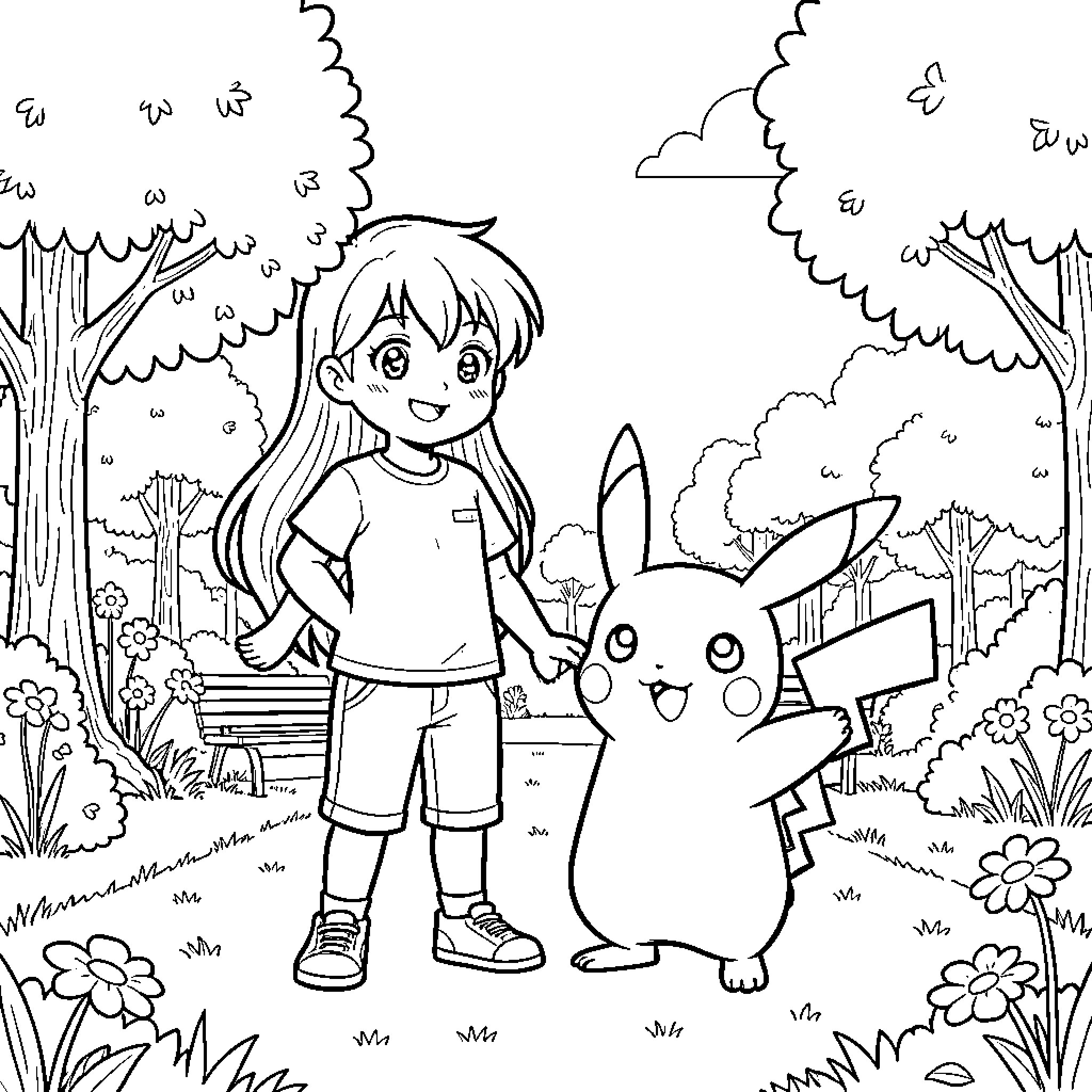 Pikachu and trainer exploring the forest Coloring Page (free black-and-white line drawing printable PDF for all, from beginners to advanced learners, including children, teens, adults, and seniors)