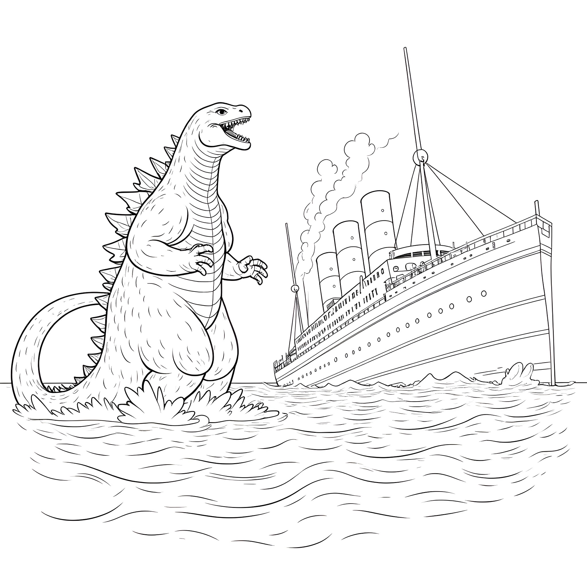 Godzilla confronting a giant ship on the open sea Coloring Page (free black-and-white line drawing printable PDF for all, from beginners to advanced learners, including children, teens, adults, and seniors)