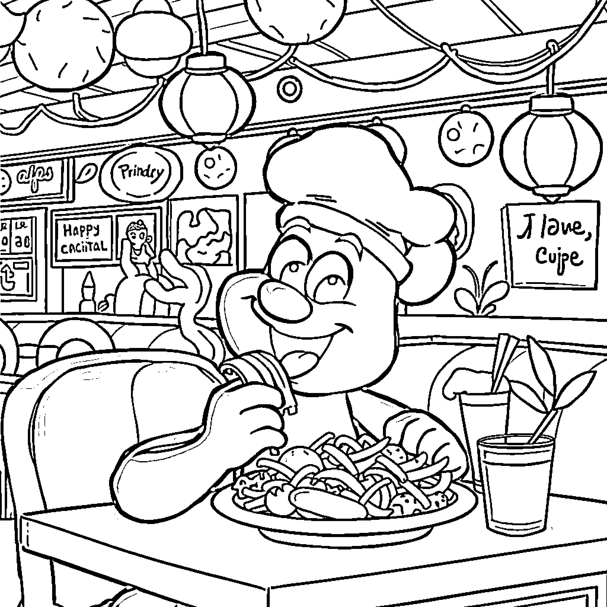 Bluey's Cozy Cafe Celebration Coloring Page (free black-and-white line drawing printable PDF for all, from beginners to advanced learners, including children, teens, adults, and seniors)