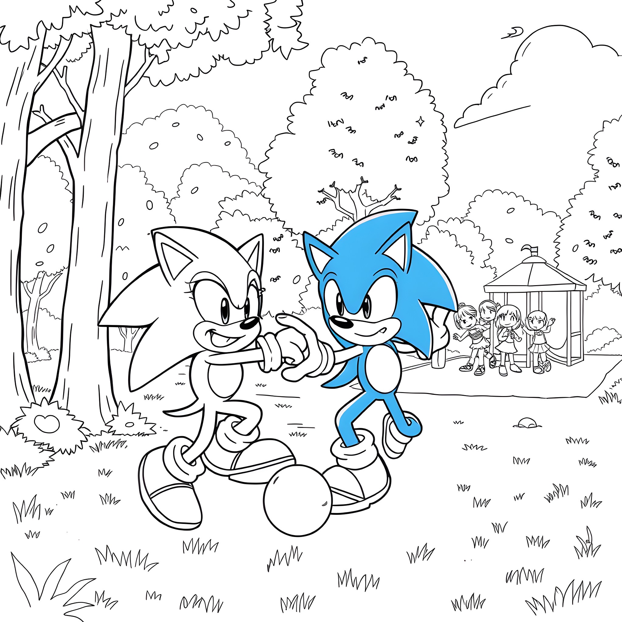 Bluey and Sonic exploring the enchanted forest Coloring Page (free black-and-white line drawing printable PDF for all, from beginners to advanced learners, including children, teens, adults, and seniors)