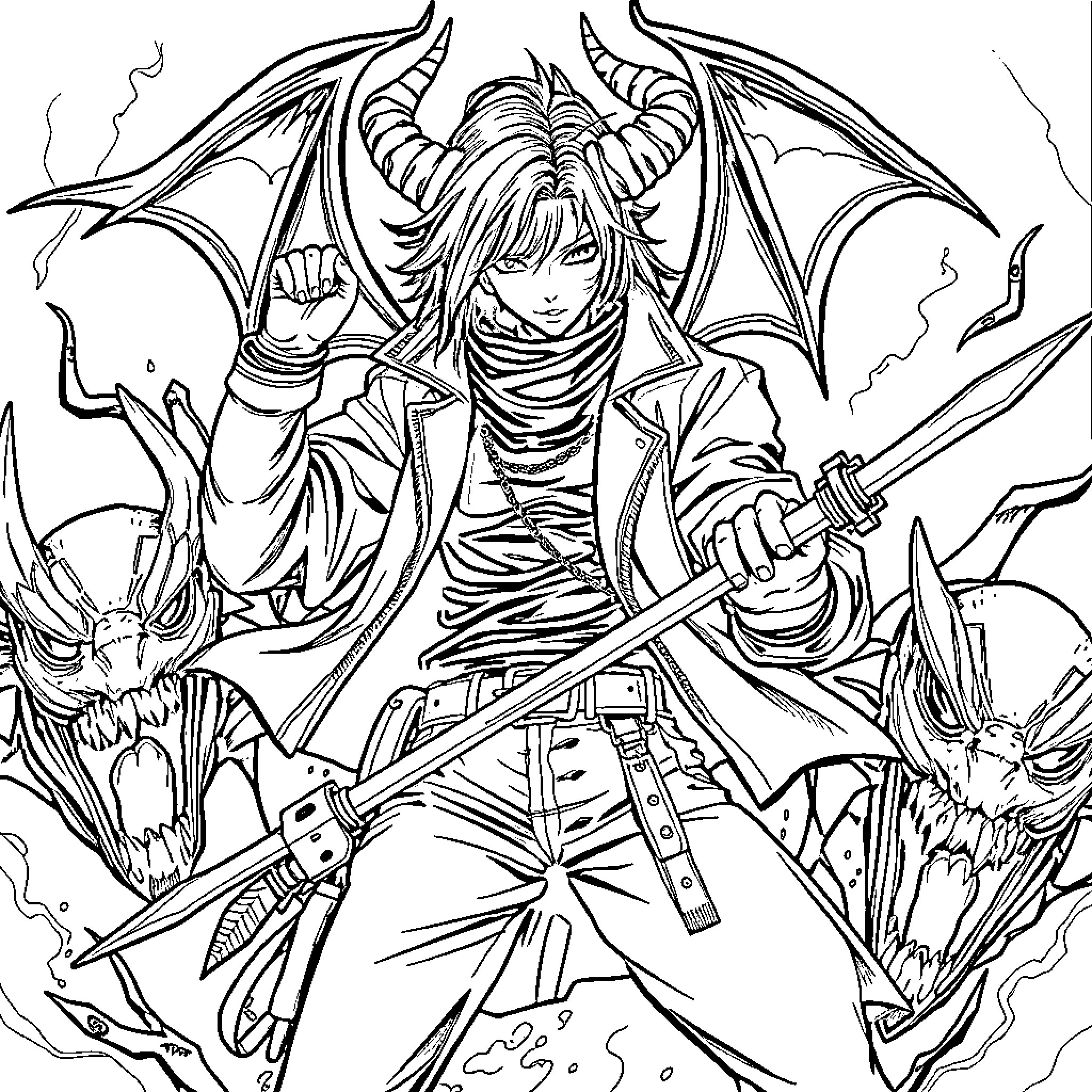 Demon Hunter Battles Fierce Monsters with Determination Coloring Page (free black-and-white line drawing printable PDF for all, from beginners to advanced learners, including children, teens, adults, and seniors)