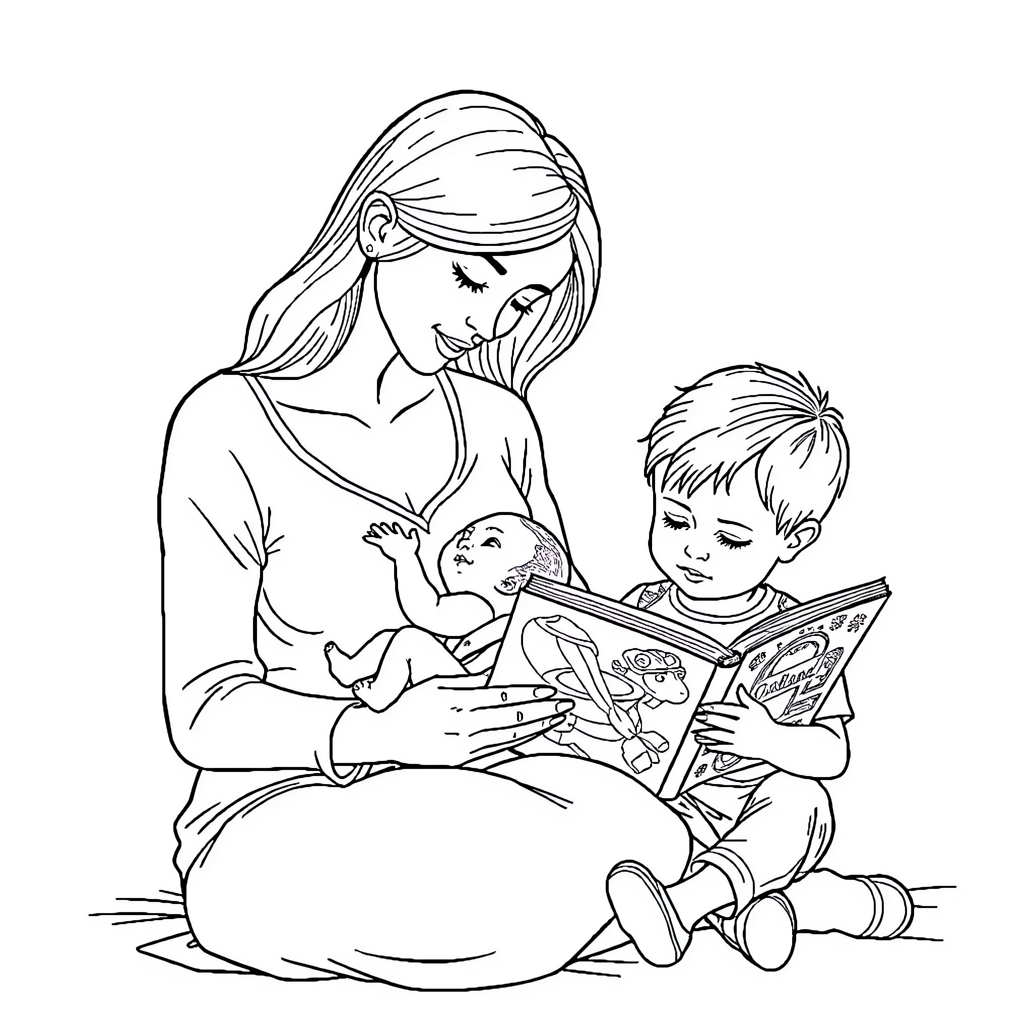 Mom reading bedtime story to her child Coloring Page (free black-and-white line drawing printable PDF for all, from beginners to advanced learners, including children, teens, adults, and seniors)