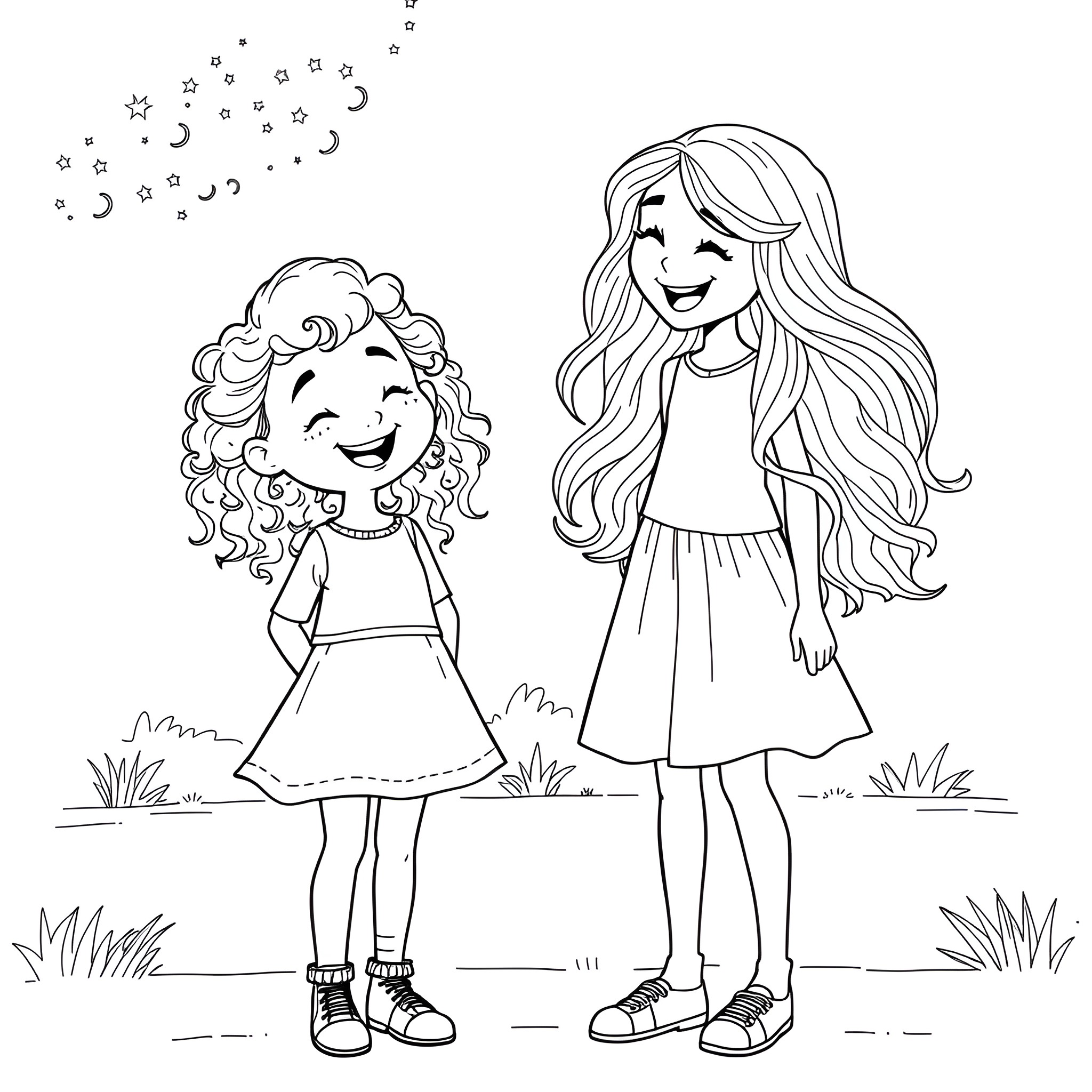 Girls enjoying a starry night together Coloring Page (free black-and-white line drawing printable PDF for all, from beginners to advanced learners, including children, teens, adults, and seniors)