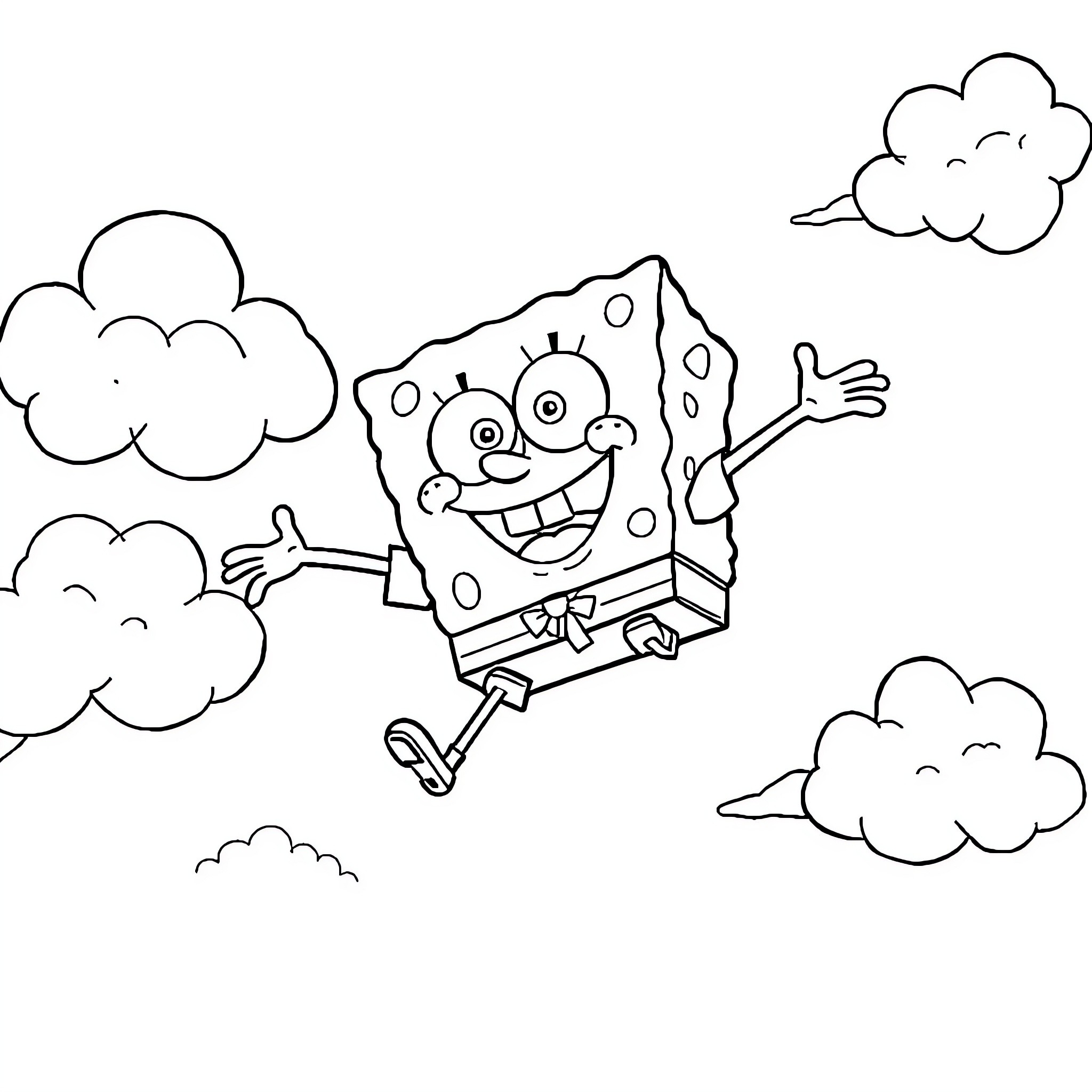 Spongebob joyfully jumping among clouds Coloring Page (free black-and-white line drawing printable PDF for all, from beginners to advanced learners, including children, teens, adults, and seniors)