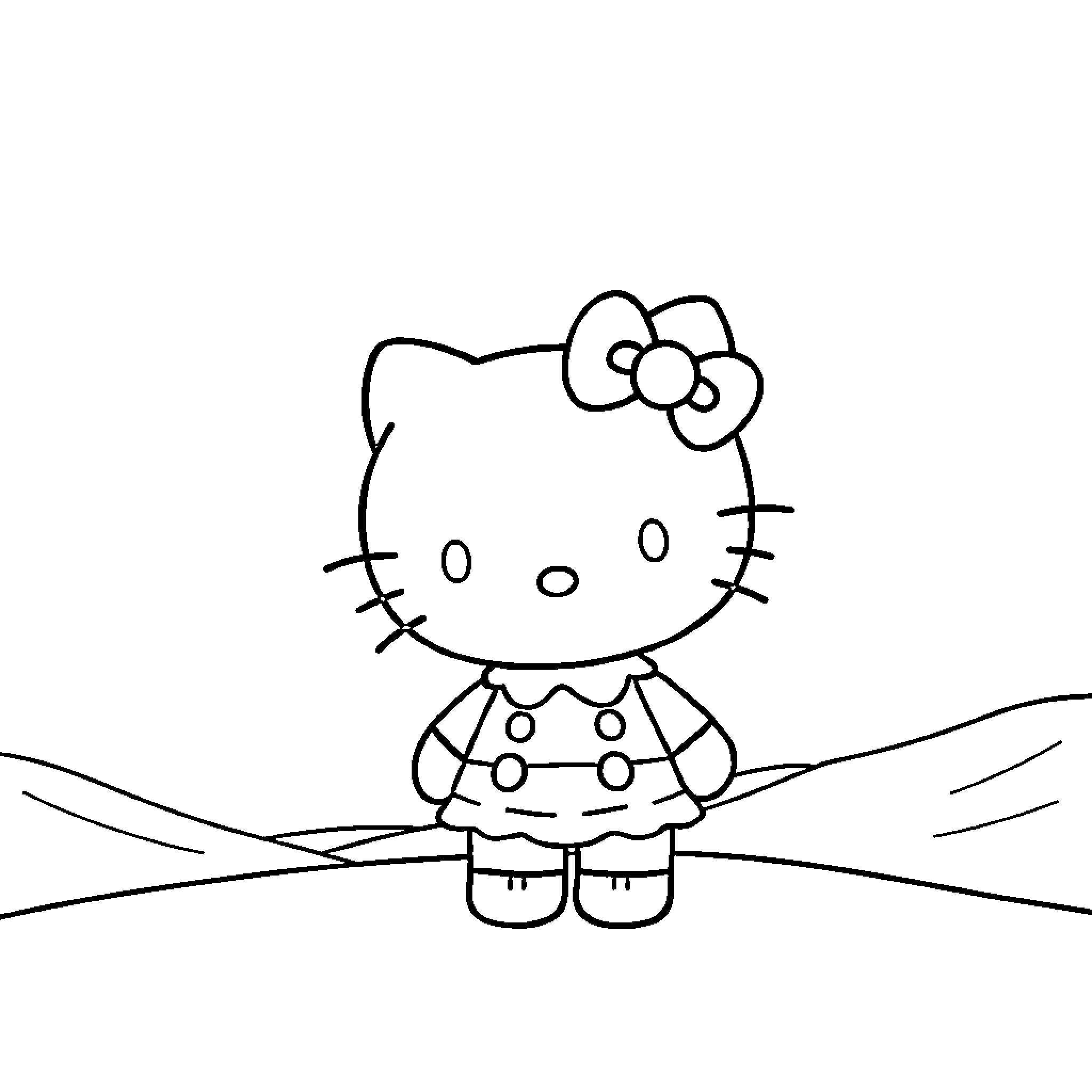 Hello Kitty standing on a path Coloring Page (free black-and-white line drawing printable PDF for all, from beginners to advanced learners, including children, teens, adults, and seniors)