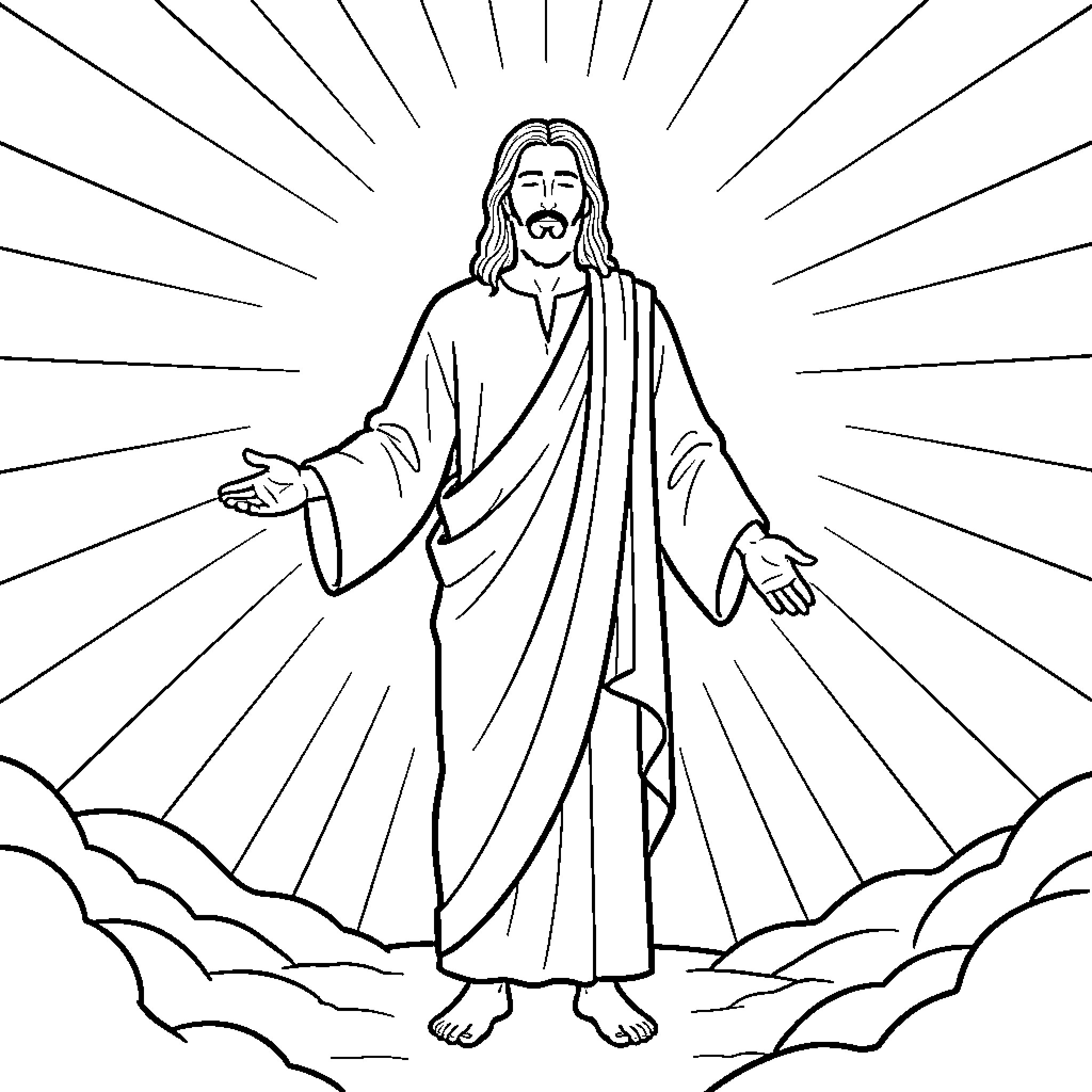 Jesus in radiant glory, embracing the divine light Coloring Page (free black-and-white line drawing printable PDF for all, from beginners to advanced learners, including children, teens, adults, and seniors)
