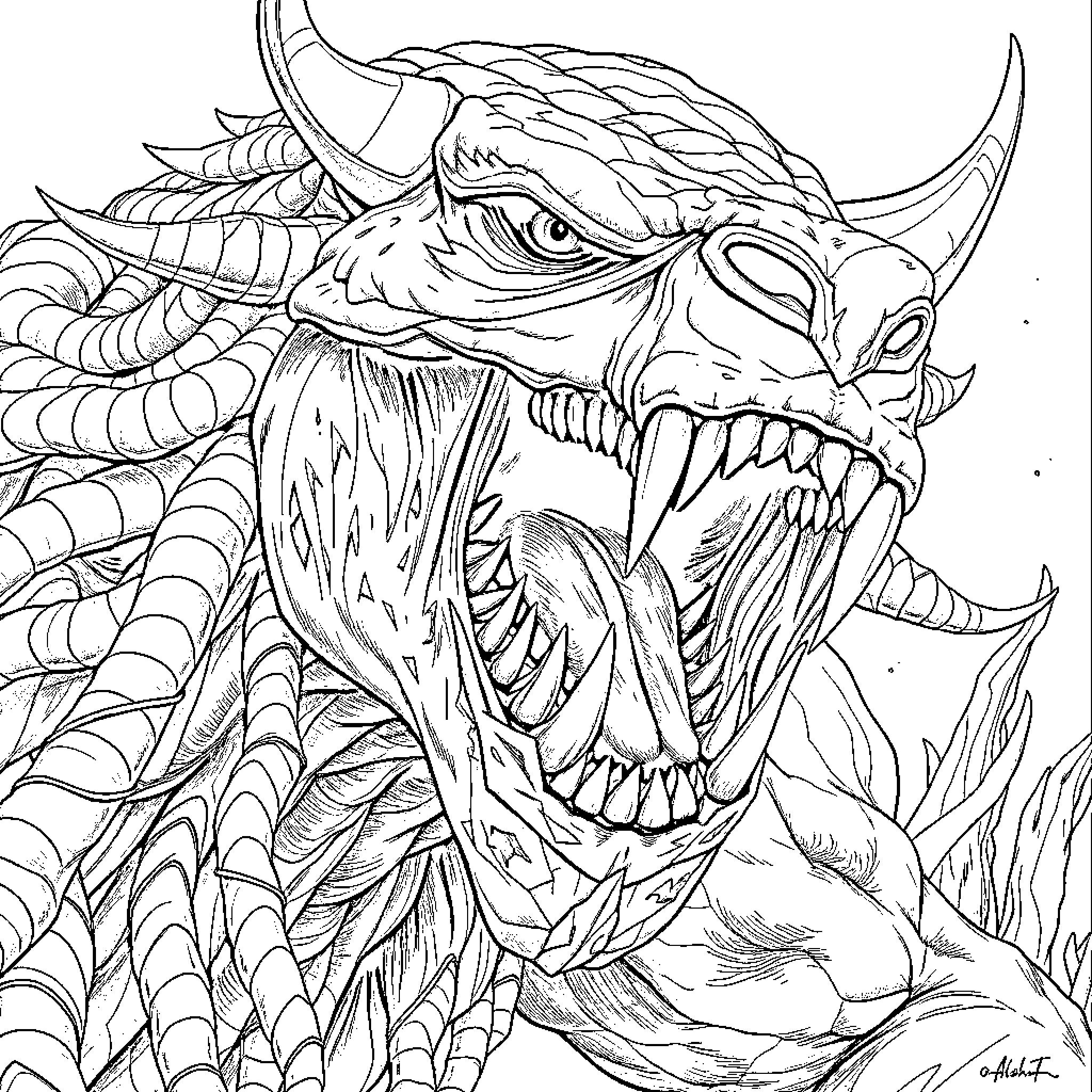 Giantess Dragon Unleashing Mighty Roar Coloring Page (free black-and-white line drawing printable PDF for all, from beginners to advanced learners, including children, teens, adults, and seniors)
