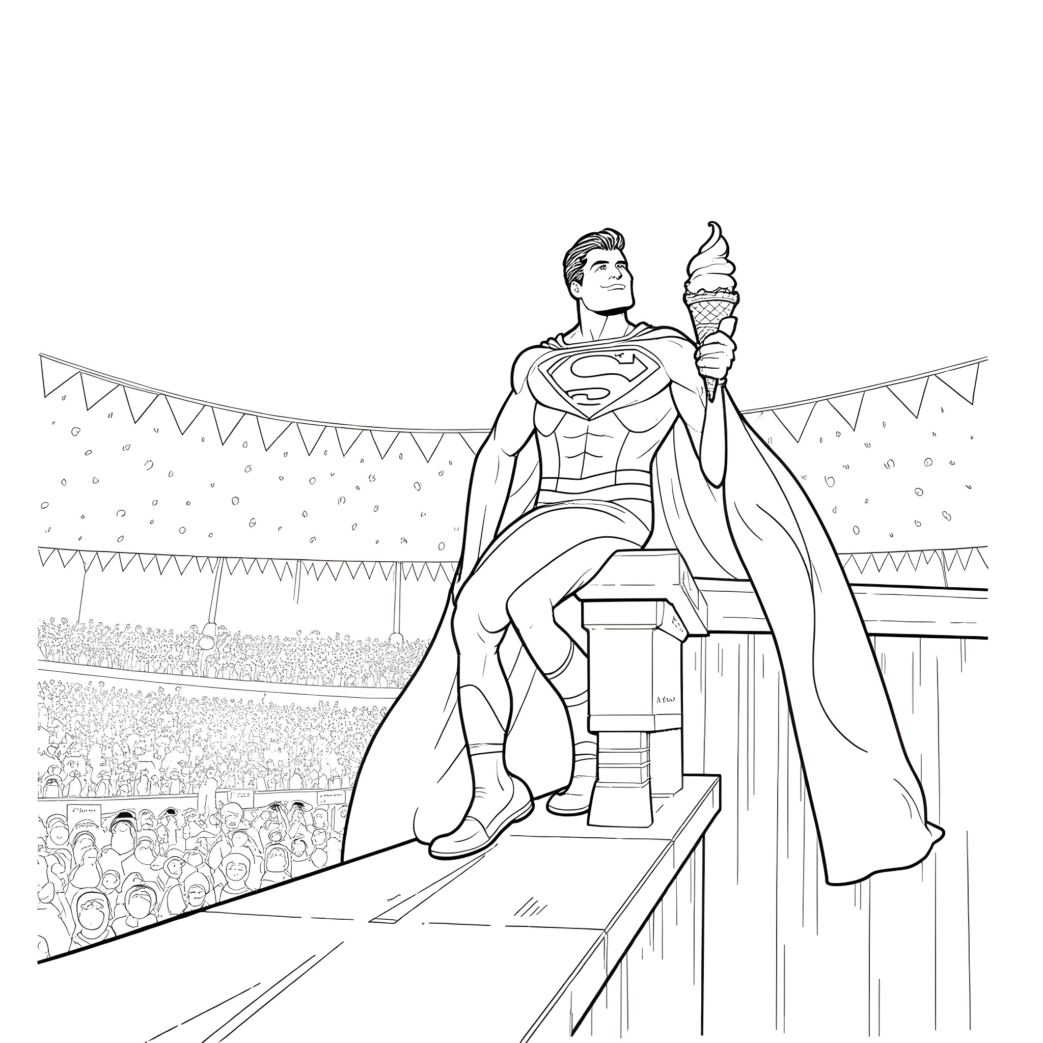 Superman standing tall and heroic on a stage Coloring Page (free black-and-white line drawing printable PDF for all, from beginners to advanced learners, including children, teens, adults, and seniors)