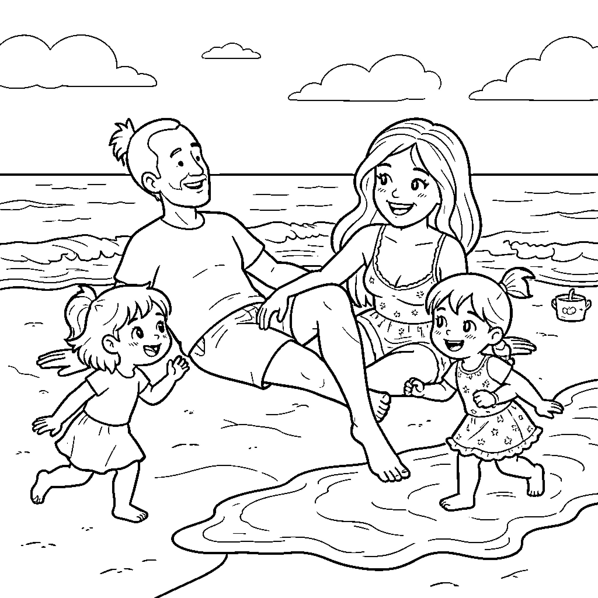 Family enjoying a day at the beach Coloring Page (free black-and-white line drawing printable PDF for all, from beginners to advanced learners, including children, teens, adults, and seniors)