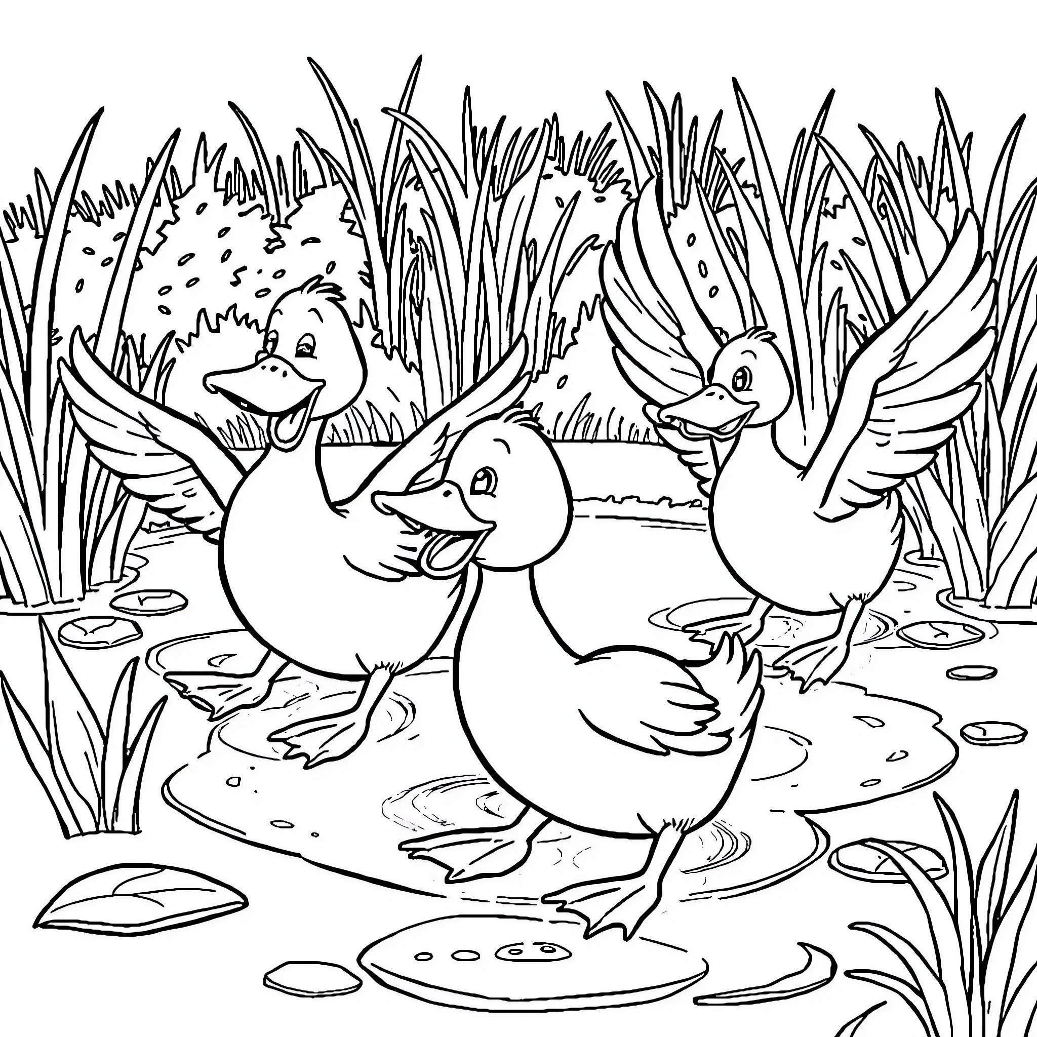 Ducks waddling happily in the pond Coloring Page (free black-and-white line drawing printable PDF for all, from beginners to advanced learners, including children, teens, adults, and seniors)
