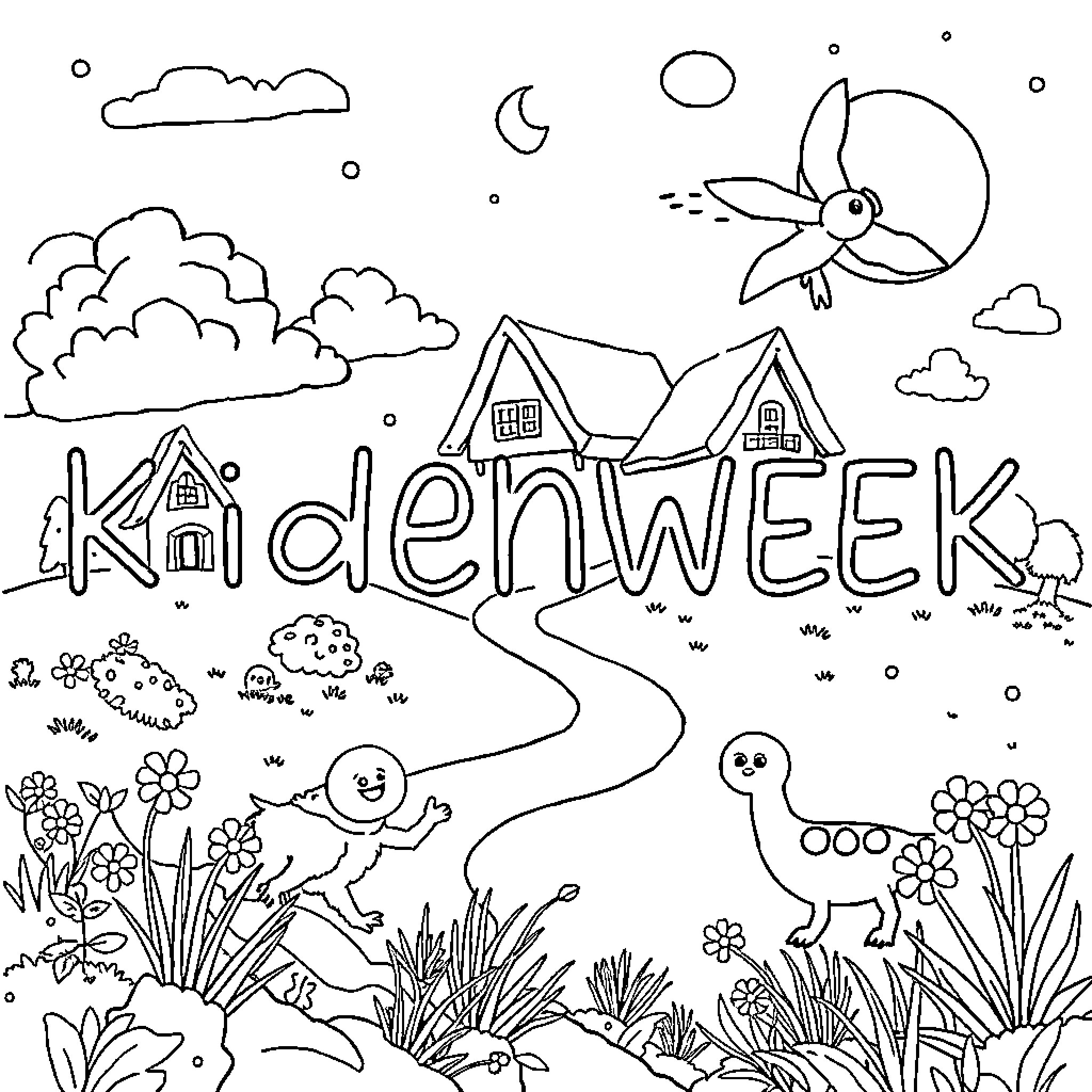 Adventure in Kidenweek Countryside Coloring Page (free black-and-white line drawing printable PDF for all, from beginners to advanced learners, including children, teens, adults, and seniors)