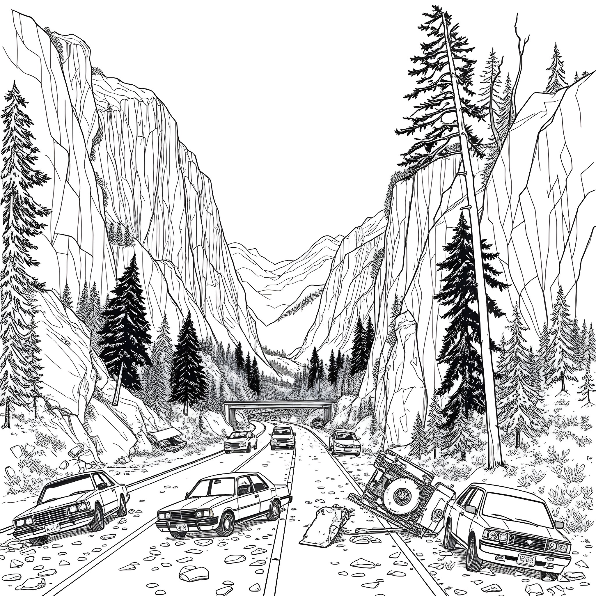 Tree-lined mountain pass with cars on the road Coloring Page (free black-and-white line drawing printable PDF for all, from beginners to advanced learners, including children, teens, adults, and seniors)