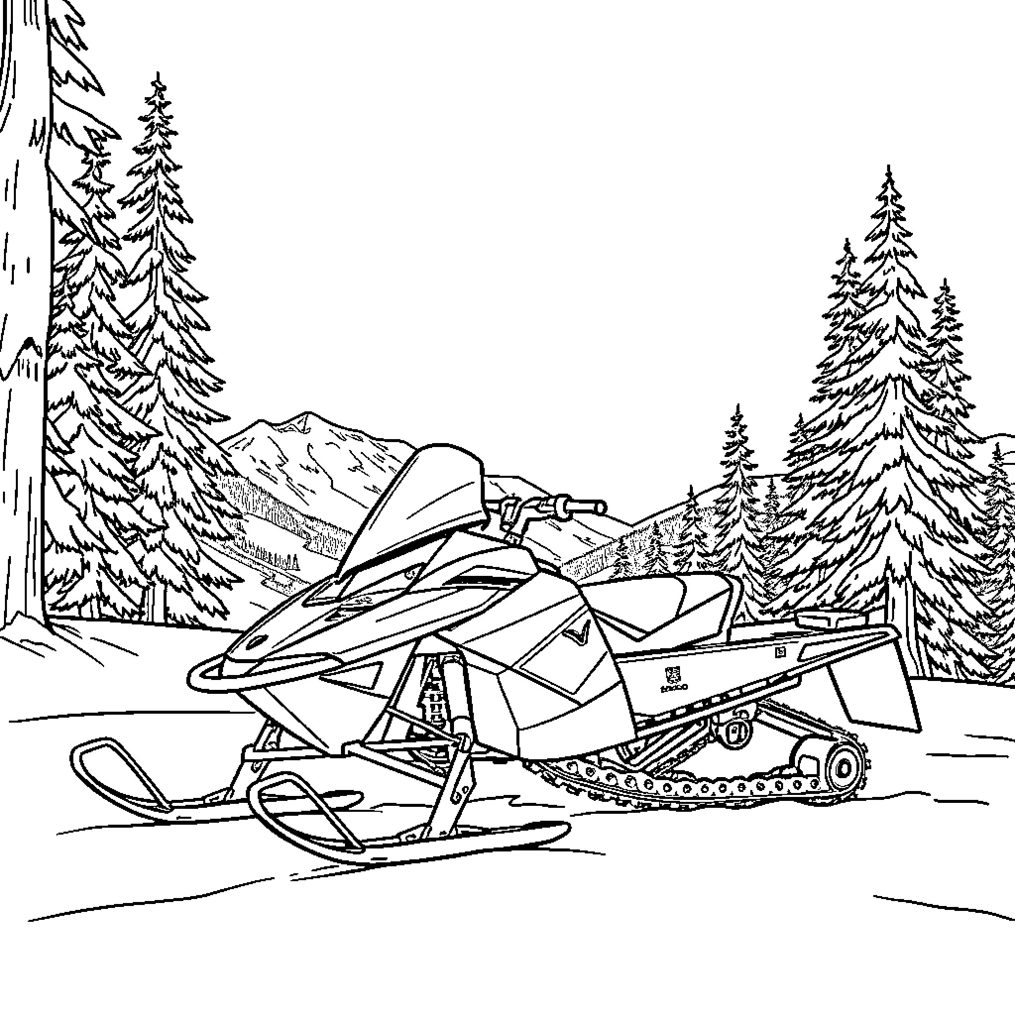 Skidoo in the Snowy Wilderness Coloring Page (free black-and-white line drawing printable PDF for all, from beginners to advanced learners, including children, teens, adults, and seniors)