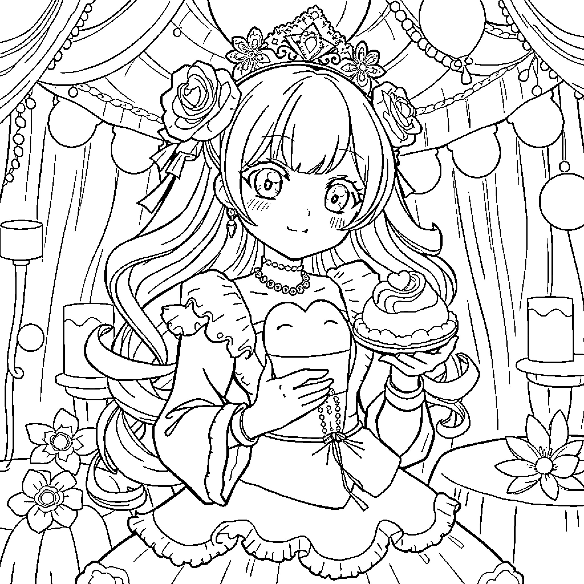 Anime Castañera: Cheerful girl in regal outfit with treats Coloring Page (free black-and-white line drawing printable PDF for all, from beginners to advanced learners, including children, teens, adults, and seniors)