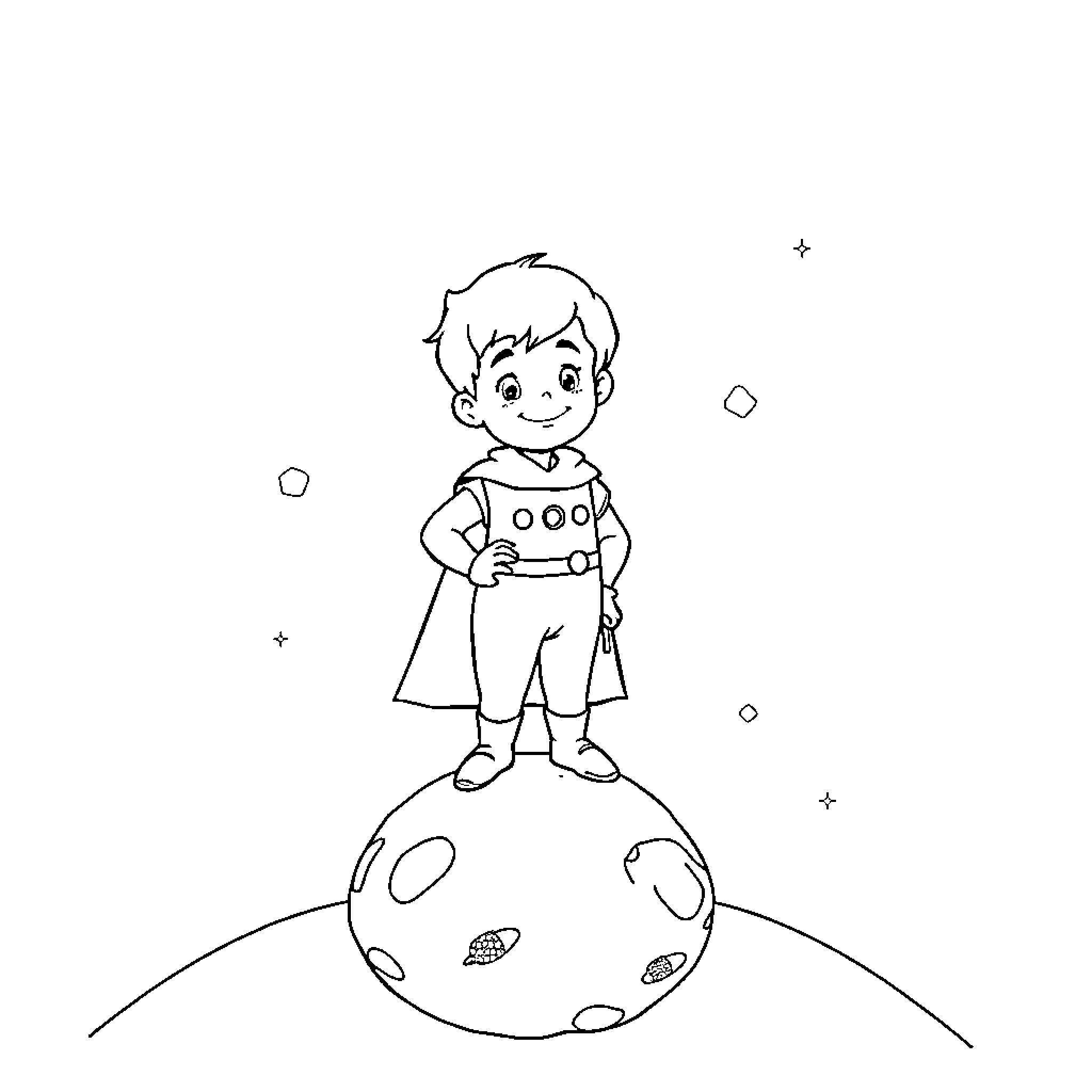 Prince Exploring the Cosmic Landscape Coloring Page (free black-and-white line drawing printable PDF for all, from beginners to advanced learners, including children, teens, adults, and seniors)