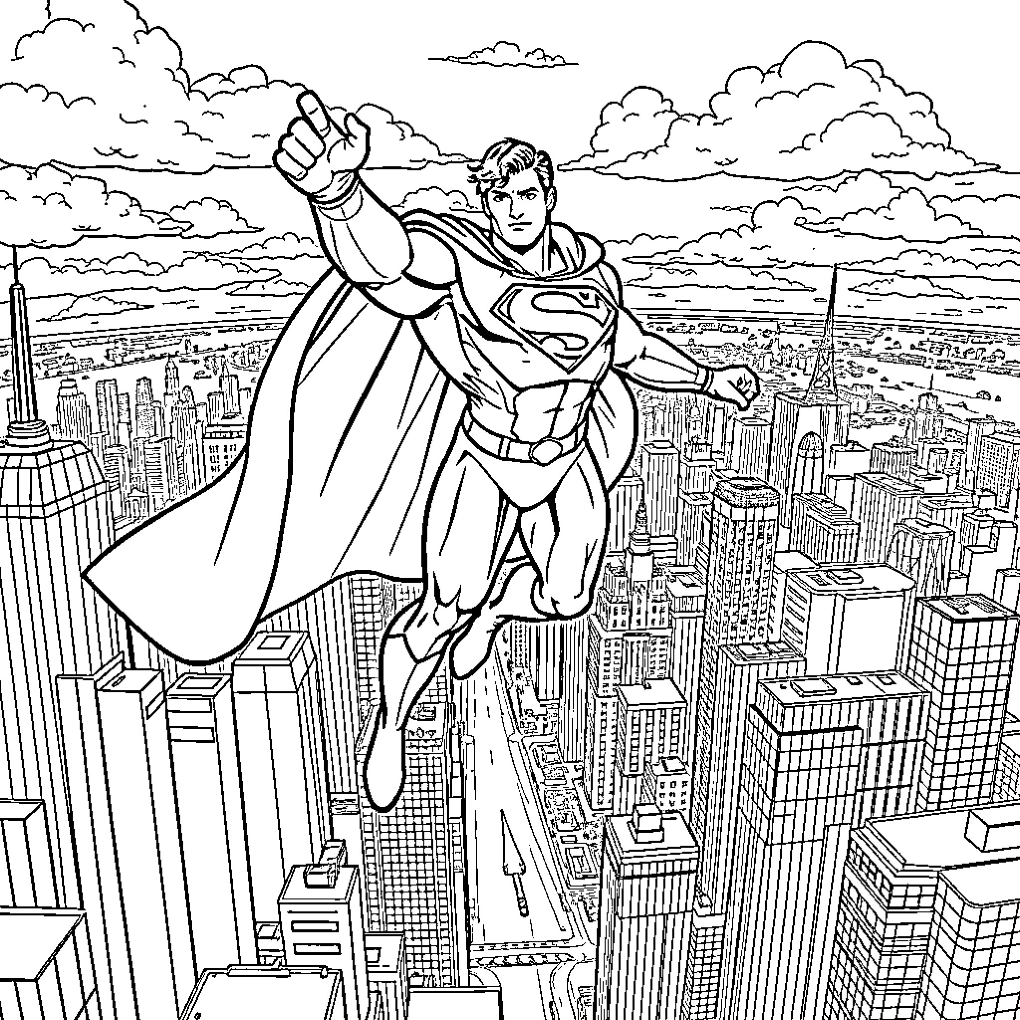 Superman soaring above the city skyline Coloring Page (free black-and-white line drawing printable PDF for all, from beginners to advanced learners, including children, teens, adults, and seniors)