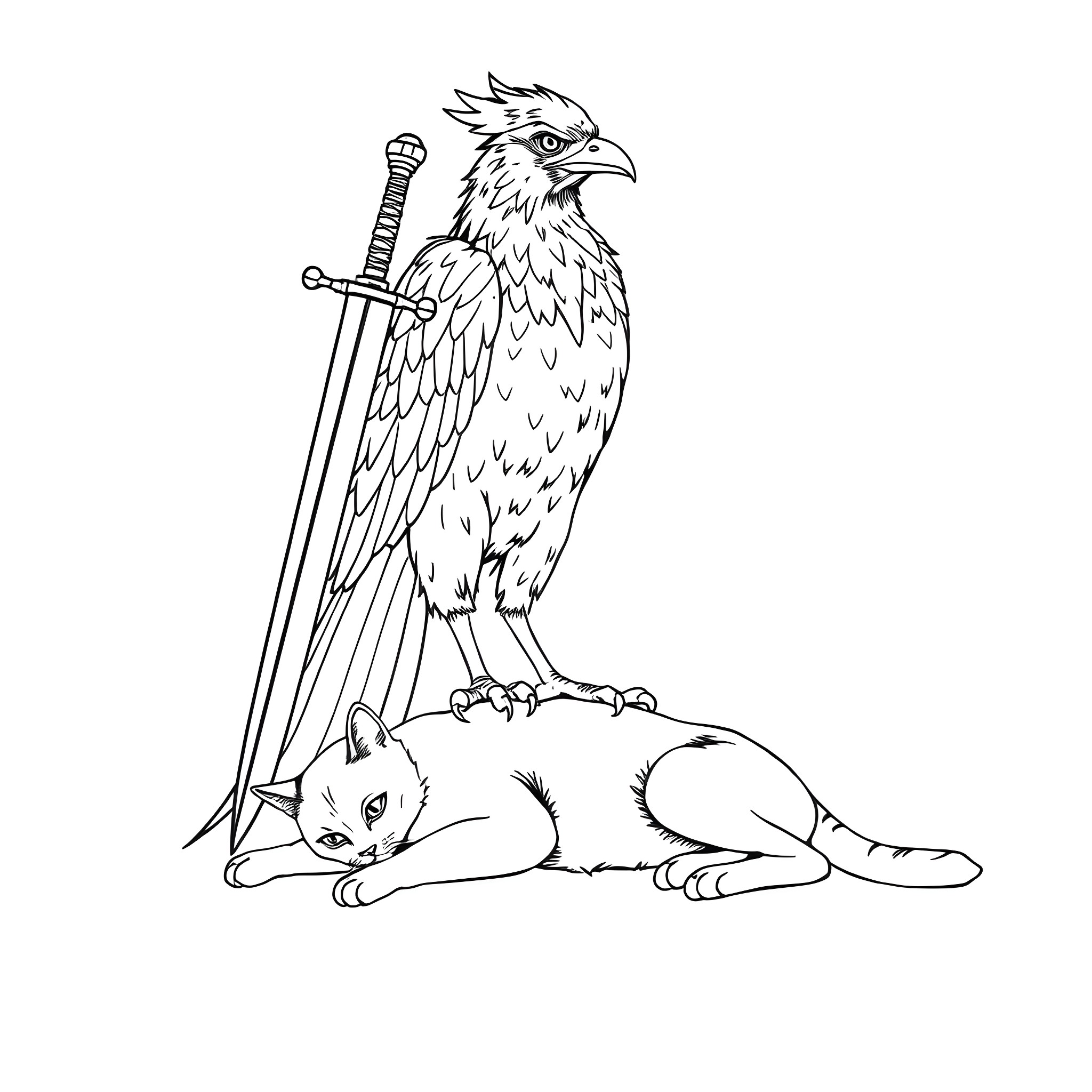 Bird of prey with sword overlooking resting cat Coloring Page (free black-and-white line drawing printable PDF for all, from beginners to advanced learners, including children, teens, adults, and seniors)