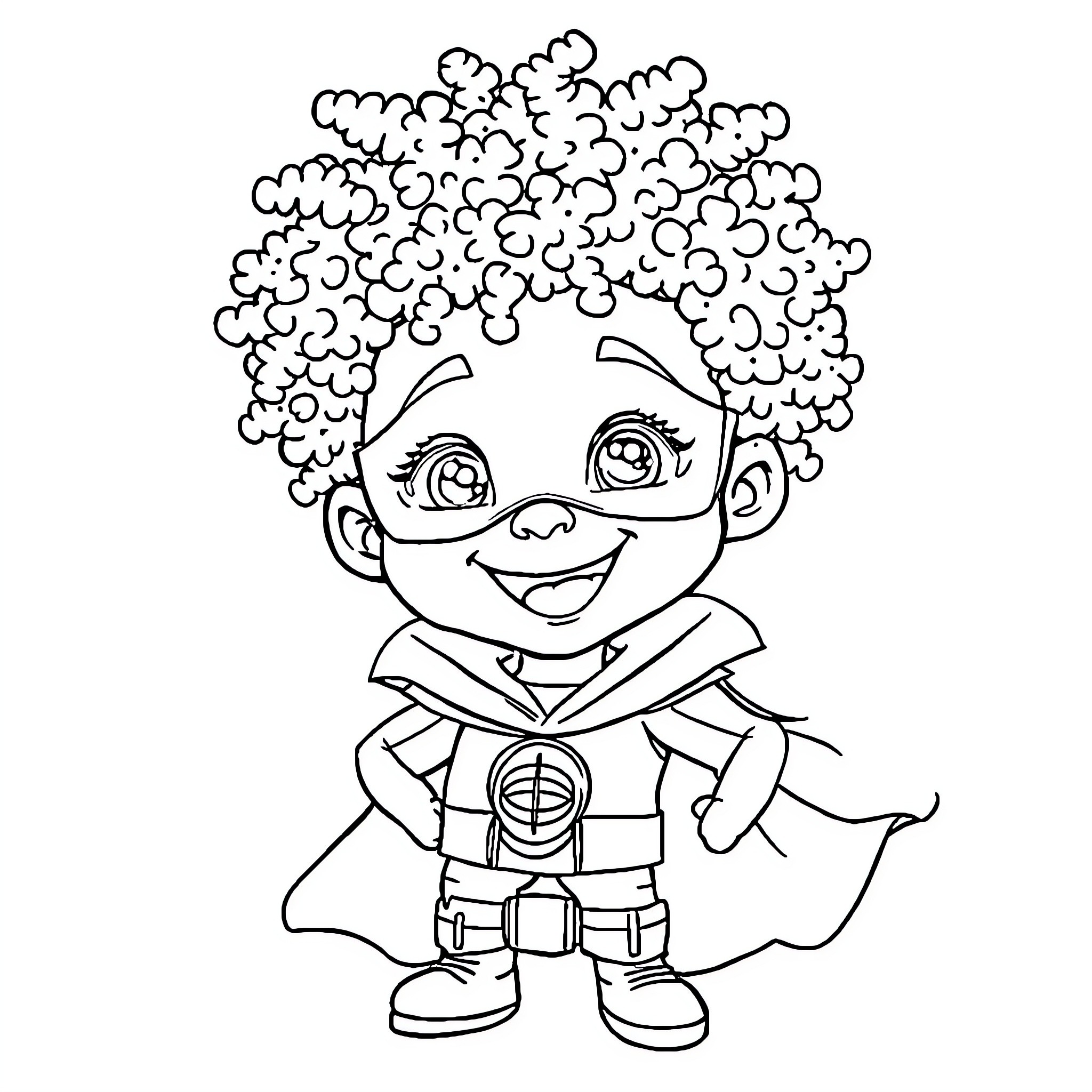 Superhero Kid in Costume with Curly Hair Coloring Page (free black-and-white line drawing printable PDF for all, from beginners to advanced learners, including children, teens, adults, and seniors)