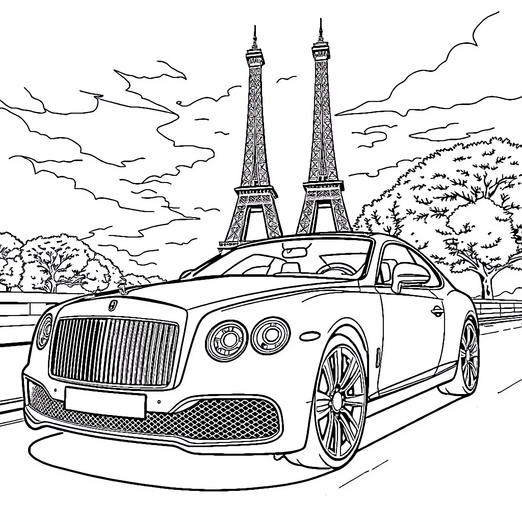 Luxury Car Driving in Paris with Eiffel Tower Coloring Page (free black-and-white line drawing printable PDF for all, from beginners to advanced learners, including children, teens, adults, and seniors)