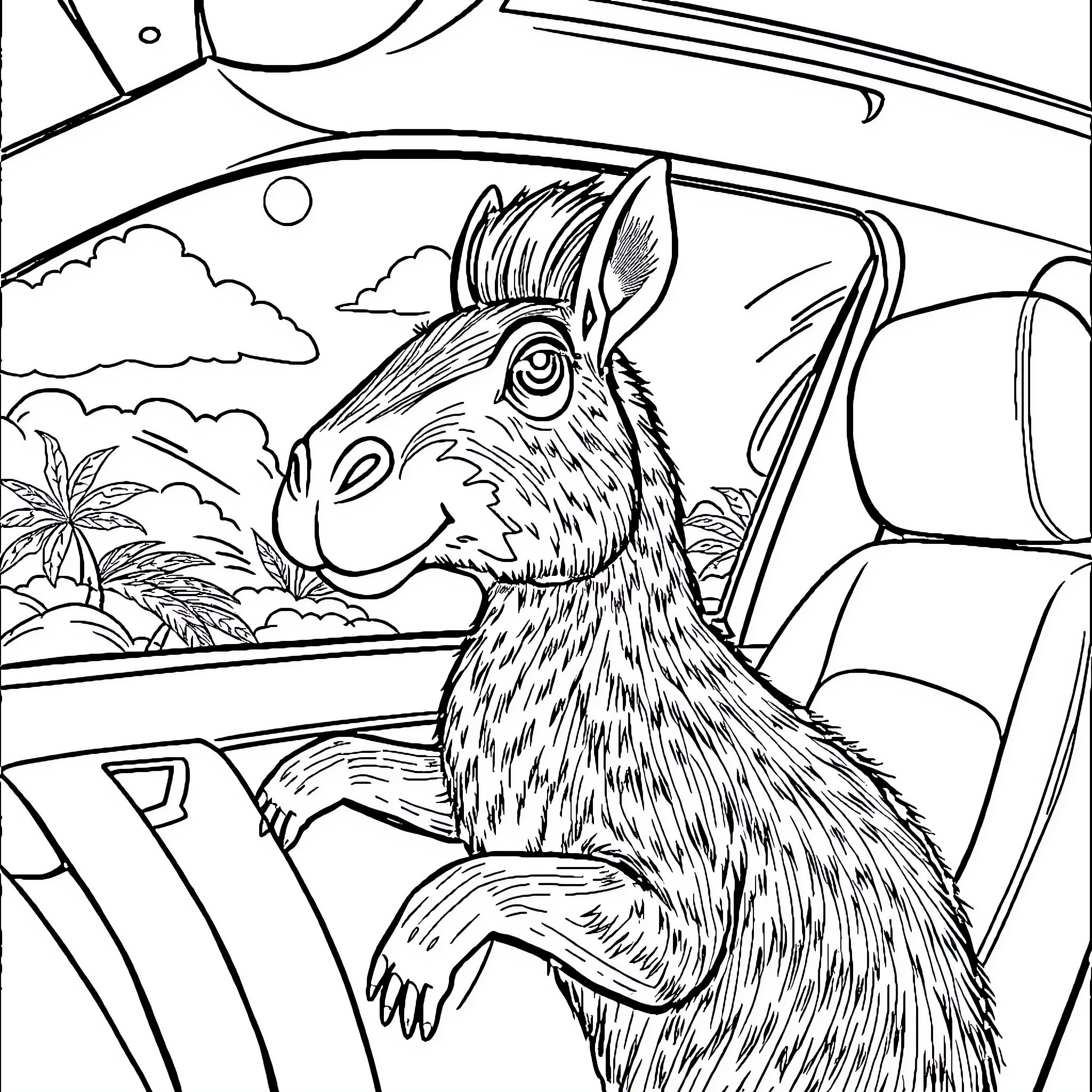 Capybara enjoying a scenic drive in the car Coloring Page (free black-and-white line drawing printable PDF for all, from beginners to advanced learners, including children, teens, adults, and seniors)