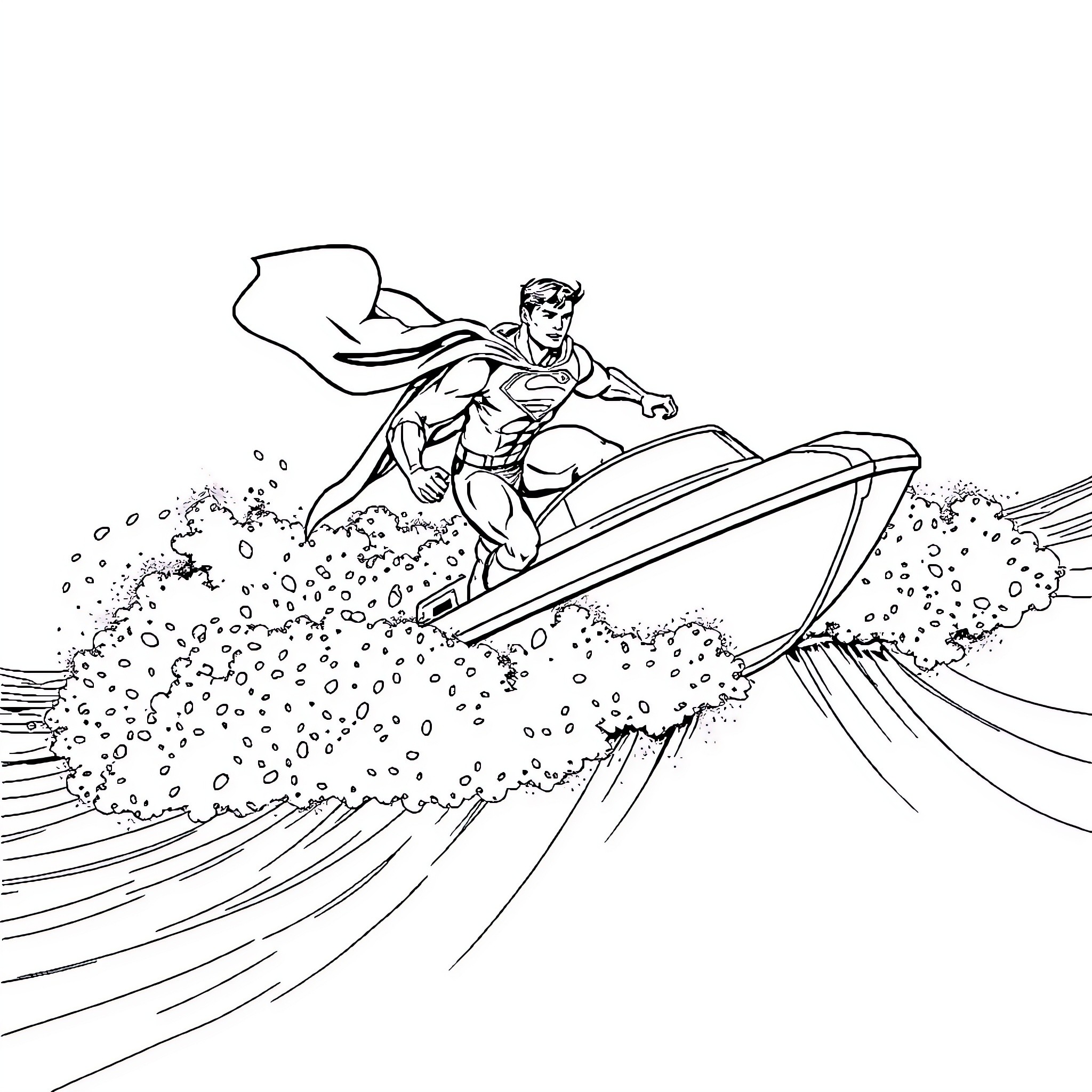 Superman Soaring through Waves on Jet Ski Coloring Page (free black-and-white line drawing printable PDF for all, from beginners to advanced learners, including children, teens, adults, and seniors)