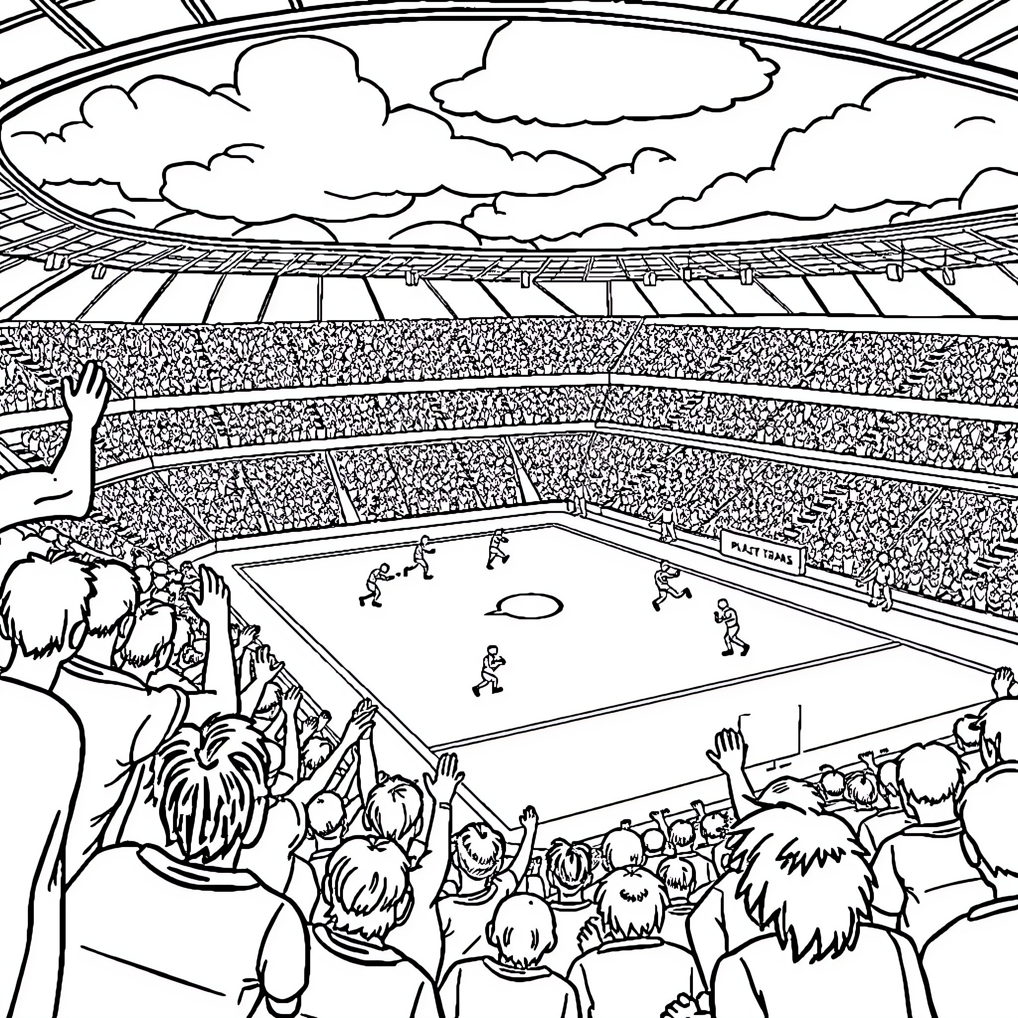 Platense sports fans cheer on players in a lively stadium Coloring Page (free black-and-white line drawing printable PDF for all, from beginners to advanced learners, including children, teens, adults, and seniors)