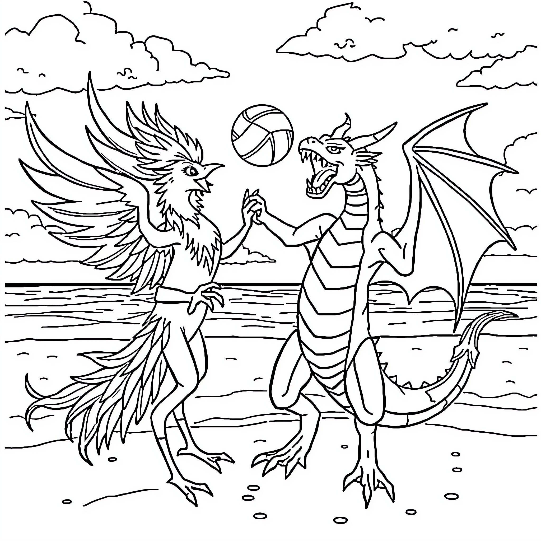 Phoenix and Dragon Playing with Volleyball on the Beach Coloring Page (free black-and-white line drawing printable PDF for all, from beginners to advanced learners, including children, teens, adults, and seniors)