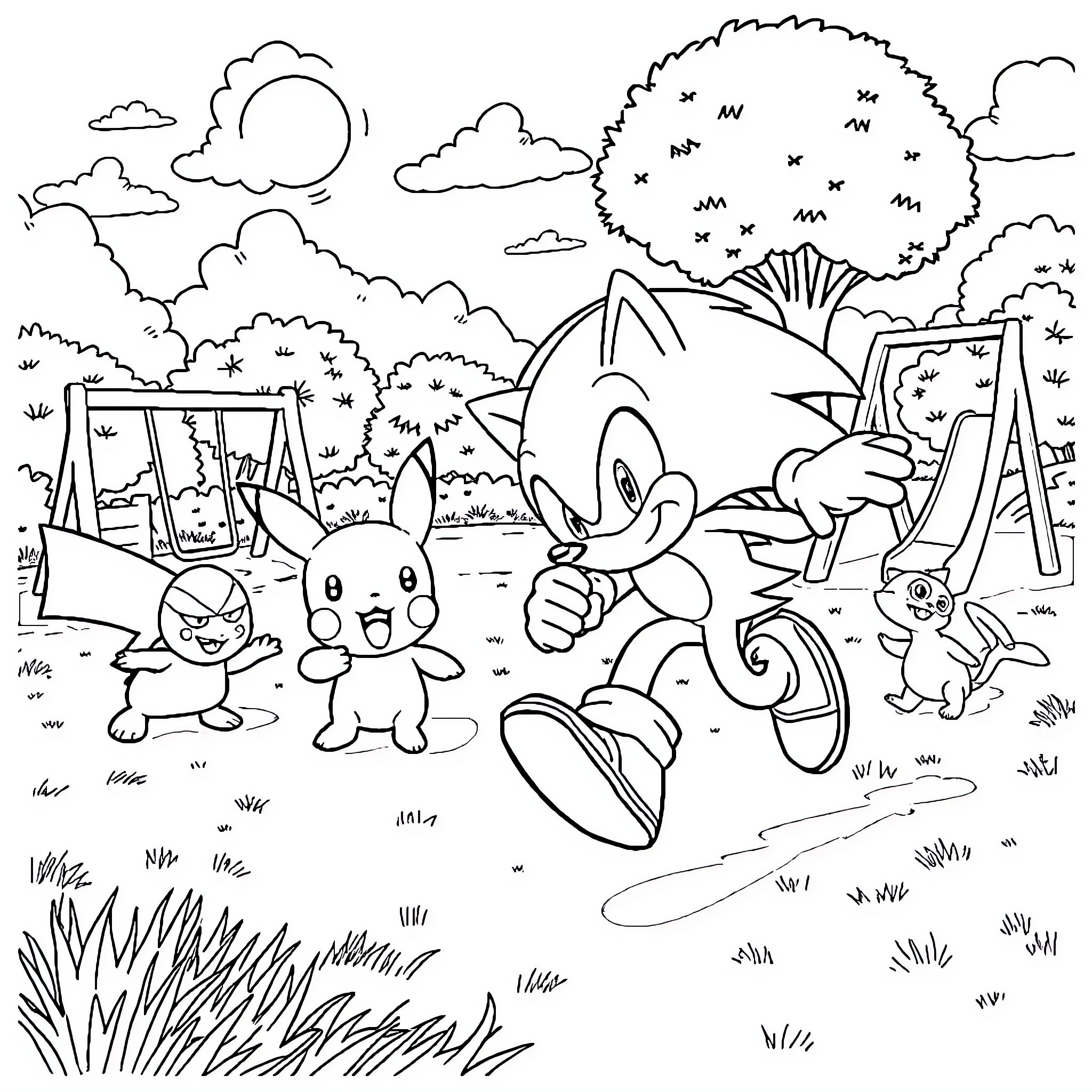 Sonic's Playful Adventure in the Outdoor Park Coloring Page (free black-and-white line drawing printable PDF for all, from beginners to advanced learners, including children, teens, adults, and seniors)