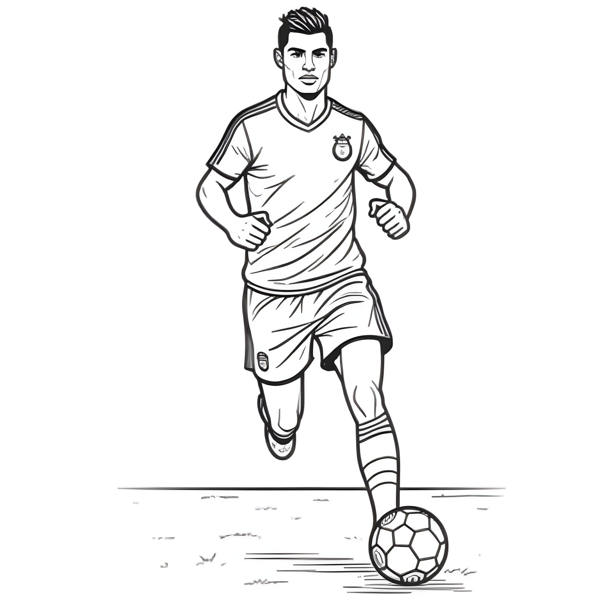 Ronaldo playing football with determination Coloring Page (free black-and-white line drawing printable PDF for all, from beginners to advanced learners, including children, teens, adults, and seniors)