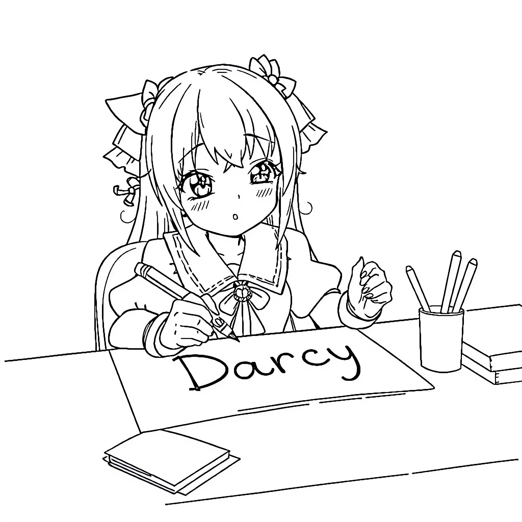 Kuromi drawing intently at the desk Coloring Page (free black-and-white line drawing printable PDF for all, from beginners to advanced learners, including children, teens, adults, and seniors)