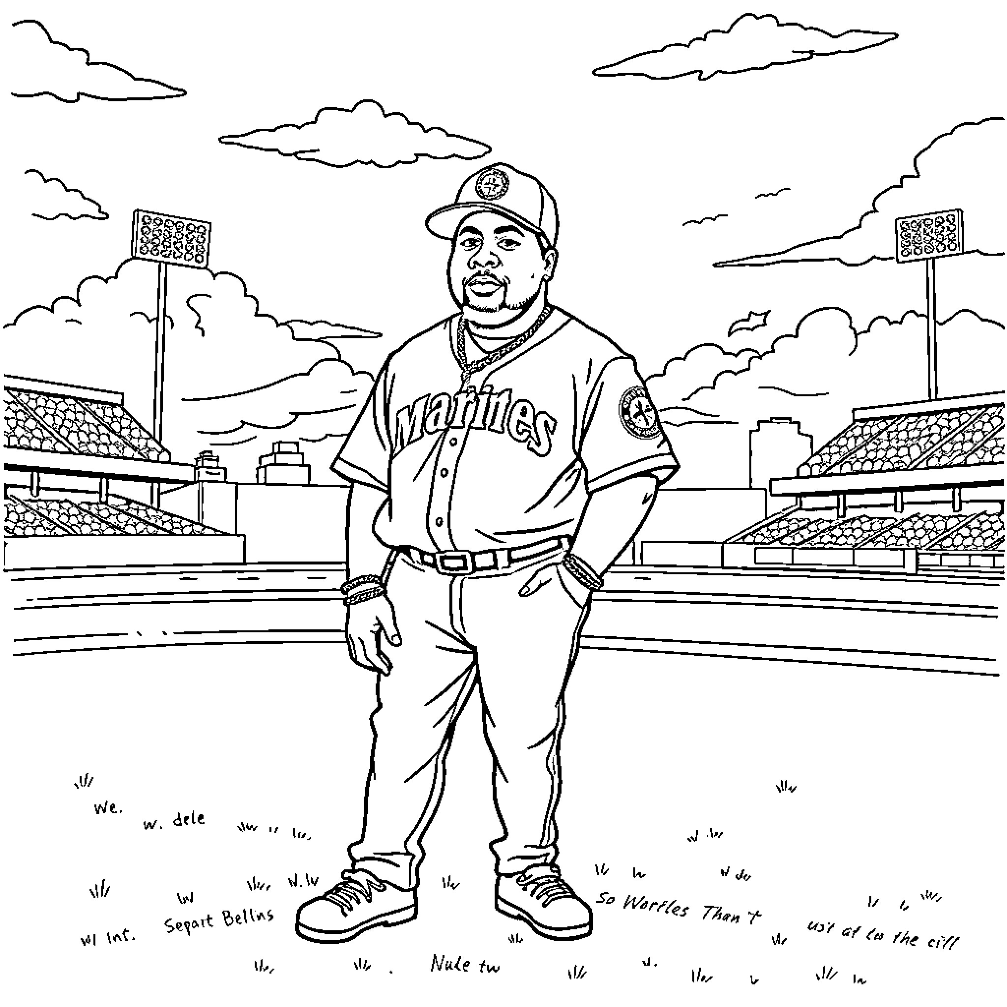 Notorious BIG Plays Ball on the Stadium Field Coloring Page (free black-and-white line drawing printable PDF for all, from beginners to advanced learners, including children, teens, adults, and seniors)