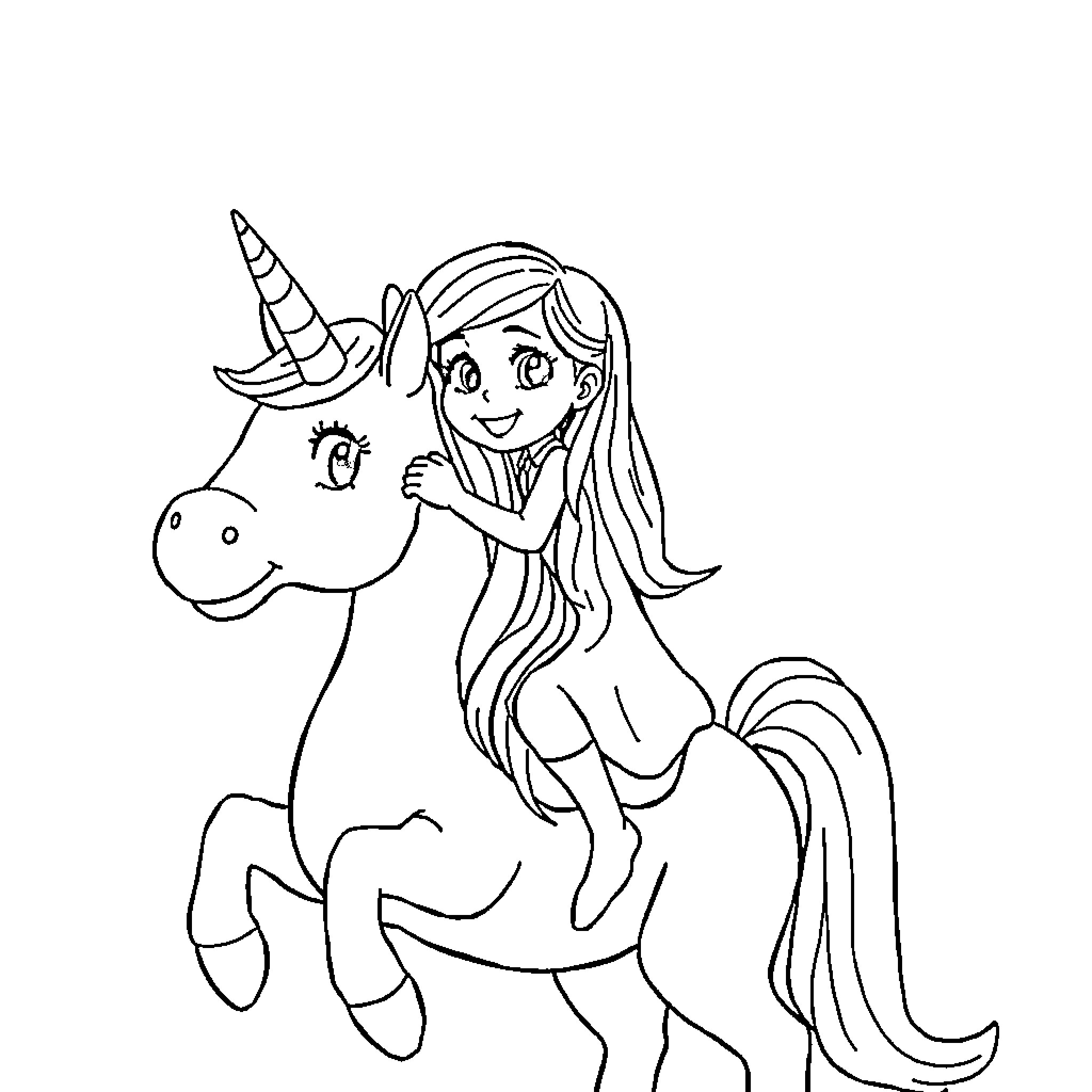 Gaby riding a cheerful unicorn Coloring Page (free black-and-white line drawing printable PDF for all, from beginners to advanced learners, including children, teens, adults, and seniors)