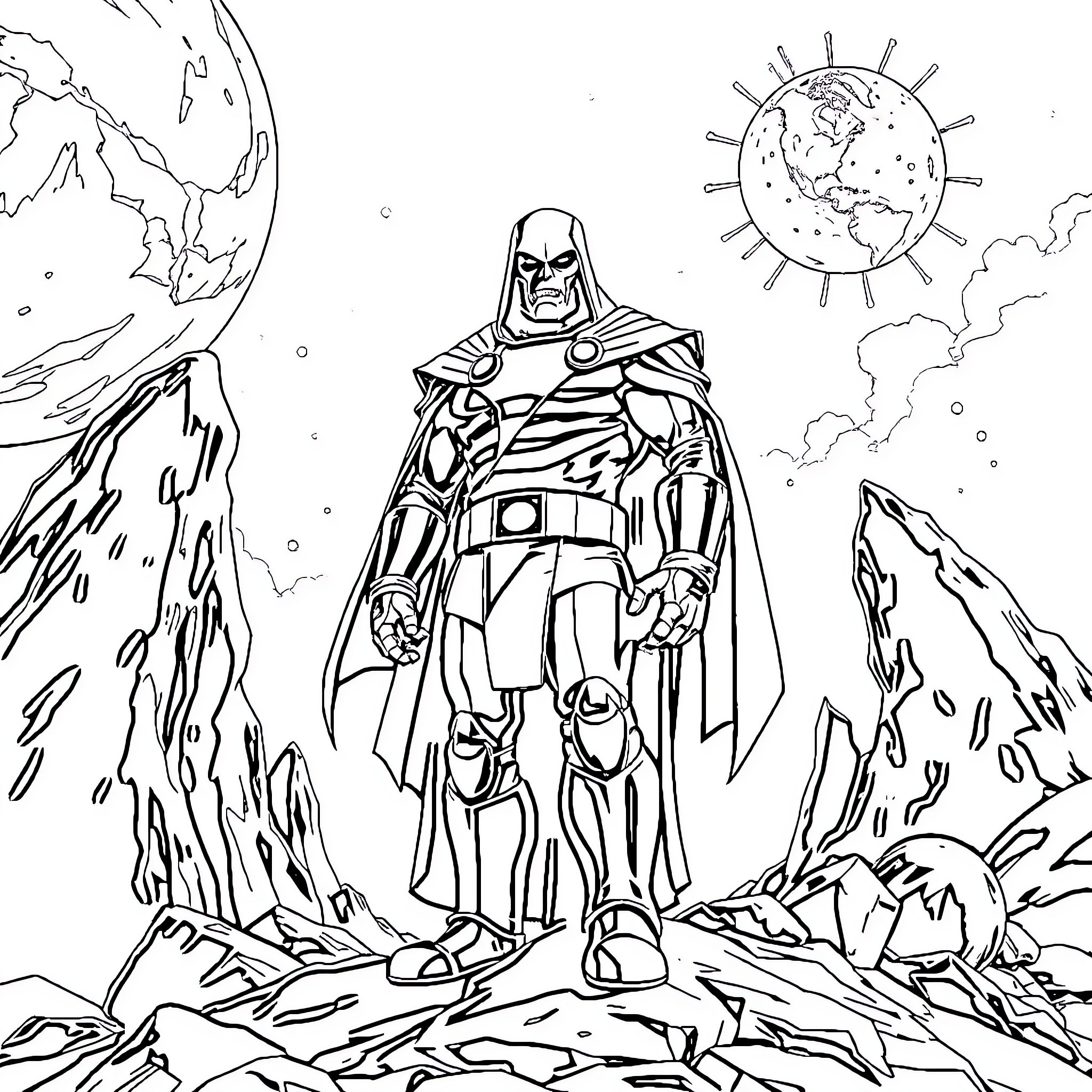 Dr. Doom surveying a devastated landscape Coloring Page (free black-and-white line drawing printable PDF for all, from beginners to advanced learners, including children, teens, adults, and seniors)