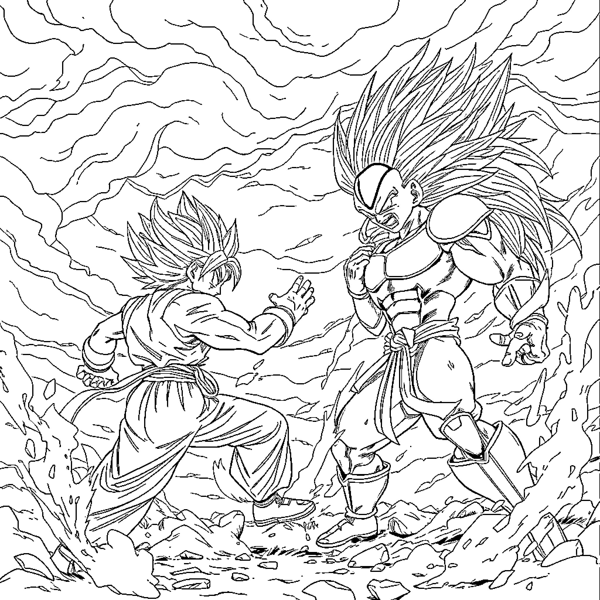 Trunks engages in fierce battle with powerful adversary Coloring Page (free black-and-white line drawing printable PDF for all, from beginners to advanced learners, including children, teens, adults, and seniors)