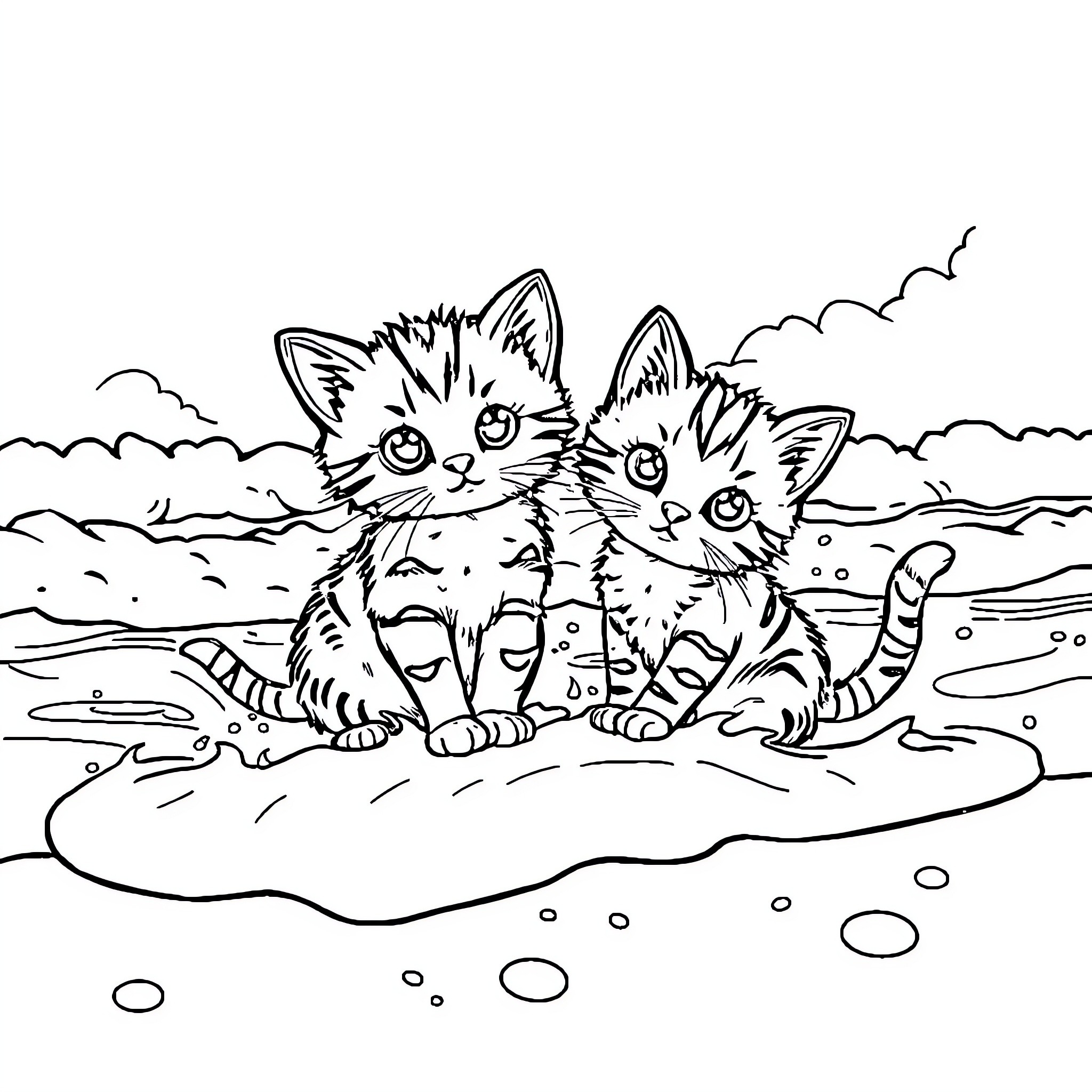 Cat kittens playing in puddle Coloring Page (free black-and-white line drawing printable PDF for all, from beginners to advanced learners, including children, teens, adults, and seniors)