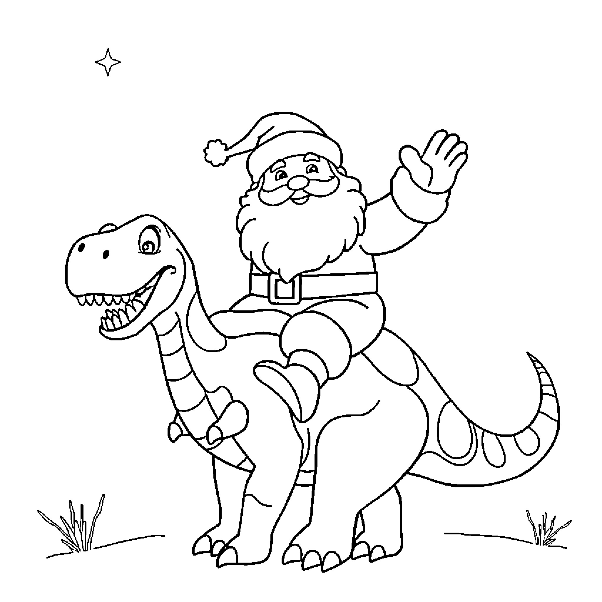Santa Claus riding a dinosaur in a winter wonderland Coloring Page (free black-and-white line drawing printable PDF for all, from beginners to advanced learners, including children, teens, adults, and seniors)