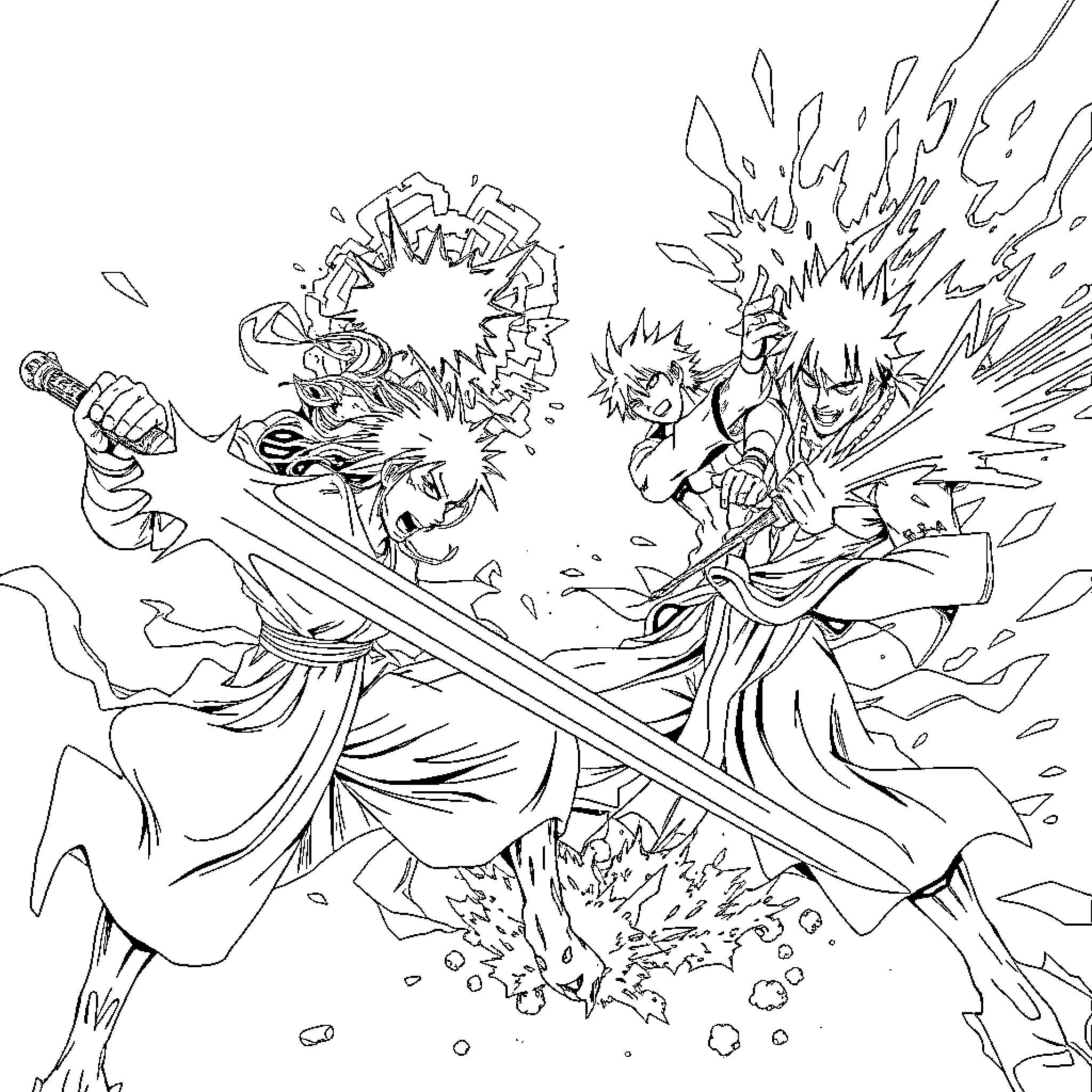 Bleach Character Intense Battle with Sword and Explosion Coloring Page (free black-and-white line drawing printable PDF for all, from beginners to advanced learners, including children, teens, adults, and seniors)