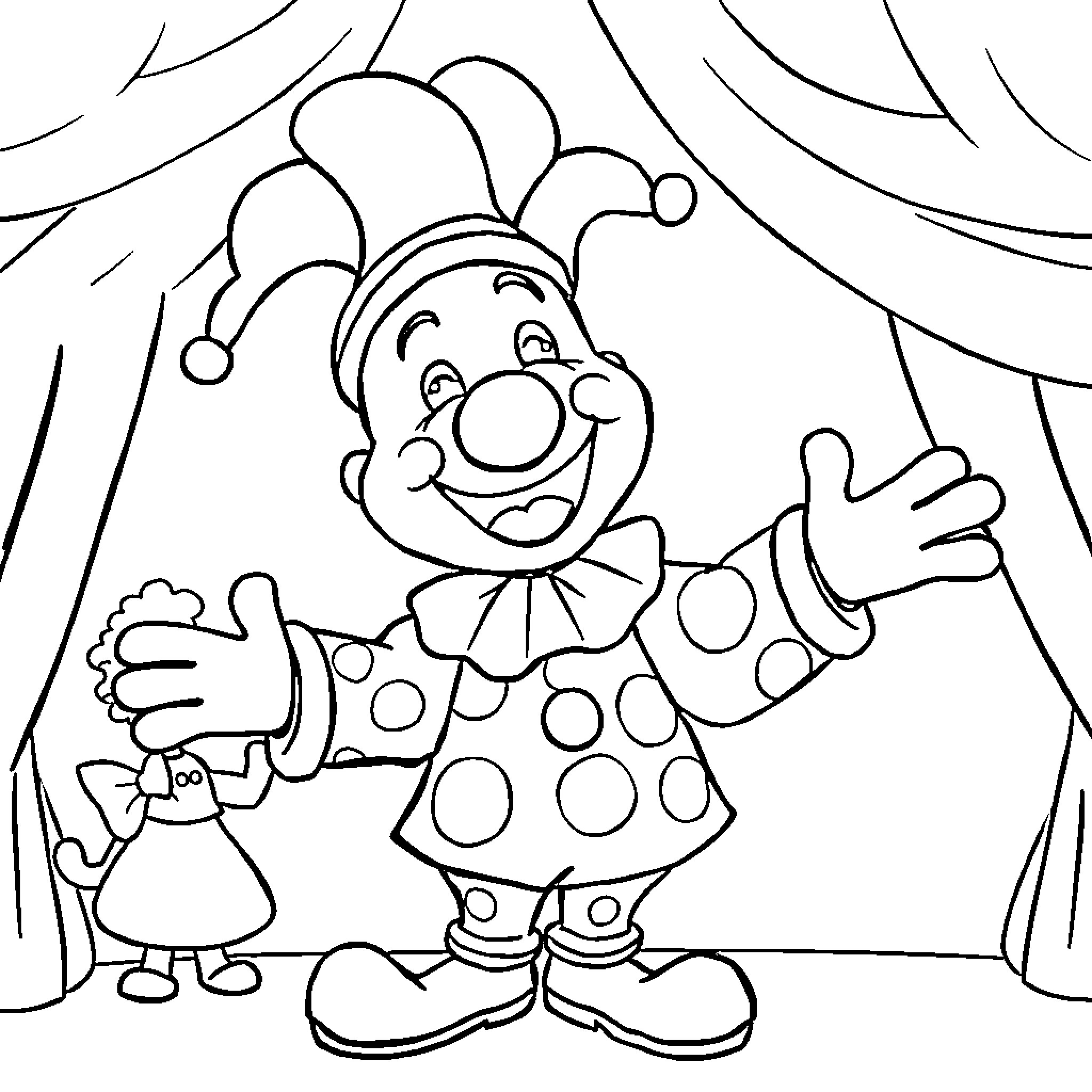 Plim Plim the Joyful Circus Clown Coloring Page (free black-and-white line drawing printable PDF for all, from beginners to advanced learners, including children, teens, adults, and seniors)