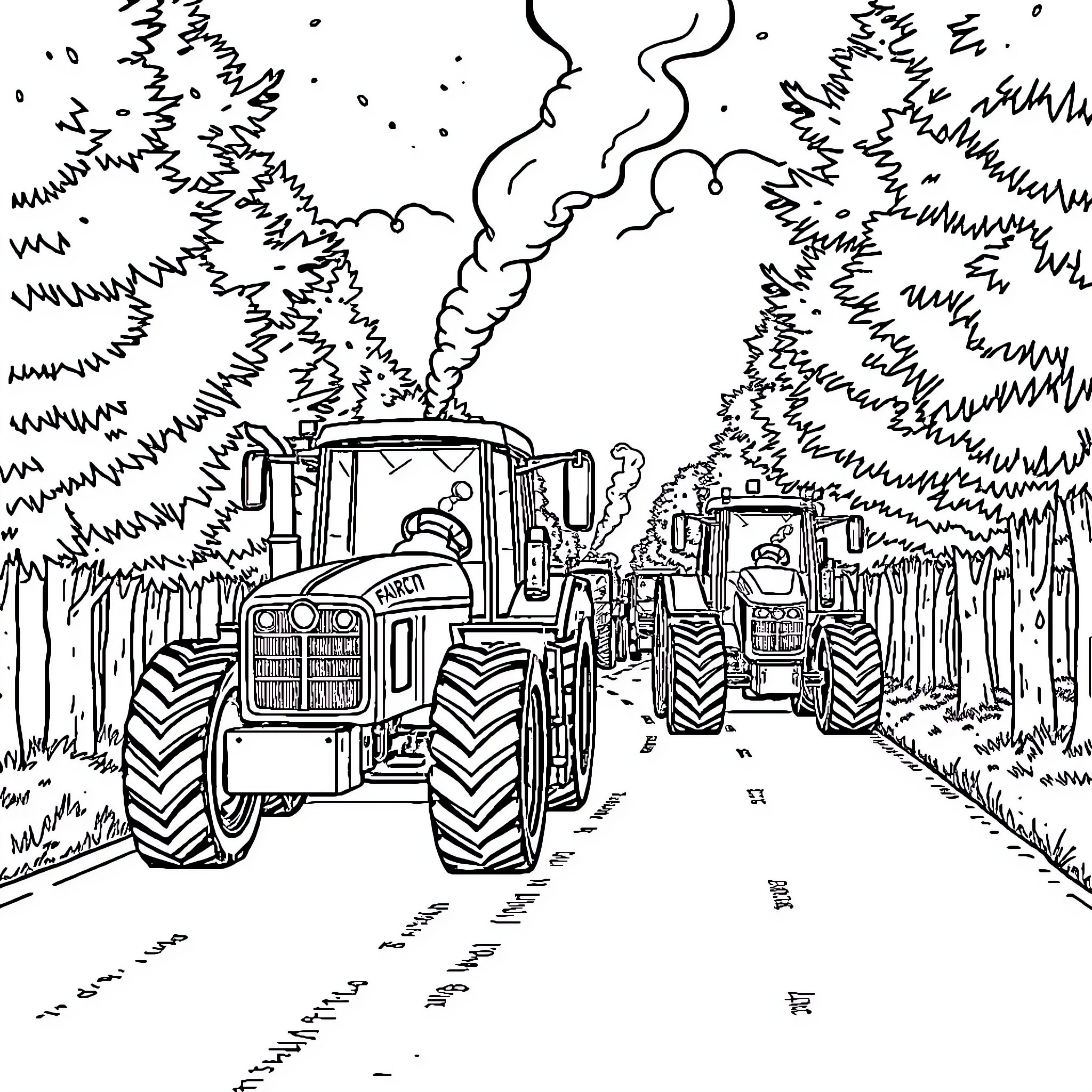 Tractor plowing through the countryside Coloring Page (free black-and-white line drawing printable PDF for all, from beginners to advanced learners, including children, teens, adults, and seniors)