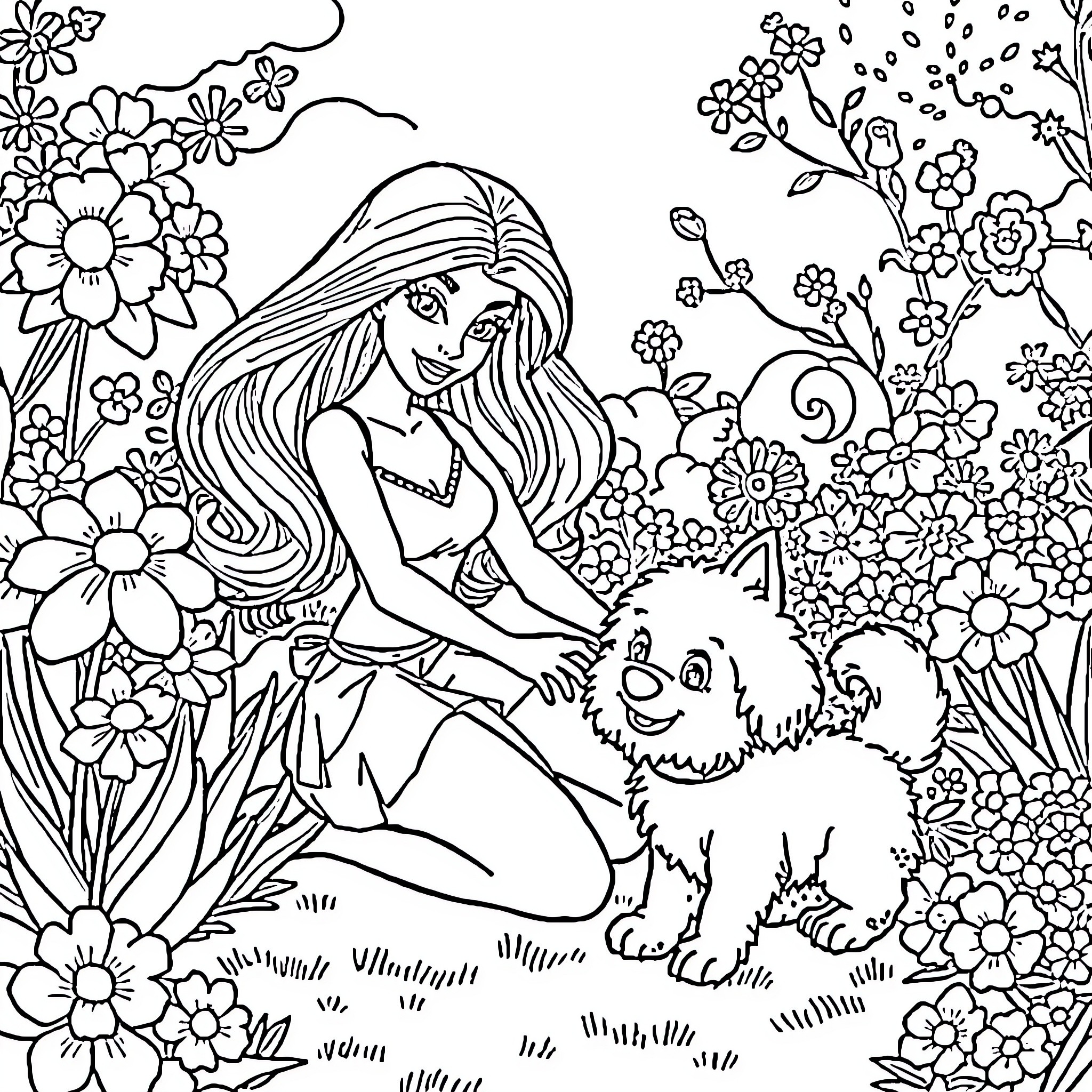 Barbie enjoying nature with her furry friend Coloring Page (free black-and-white line drawing printable PDF for all, from beginners to advanced learners, including children, teens, adults, and seniors)