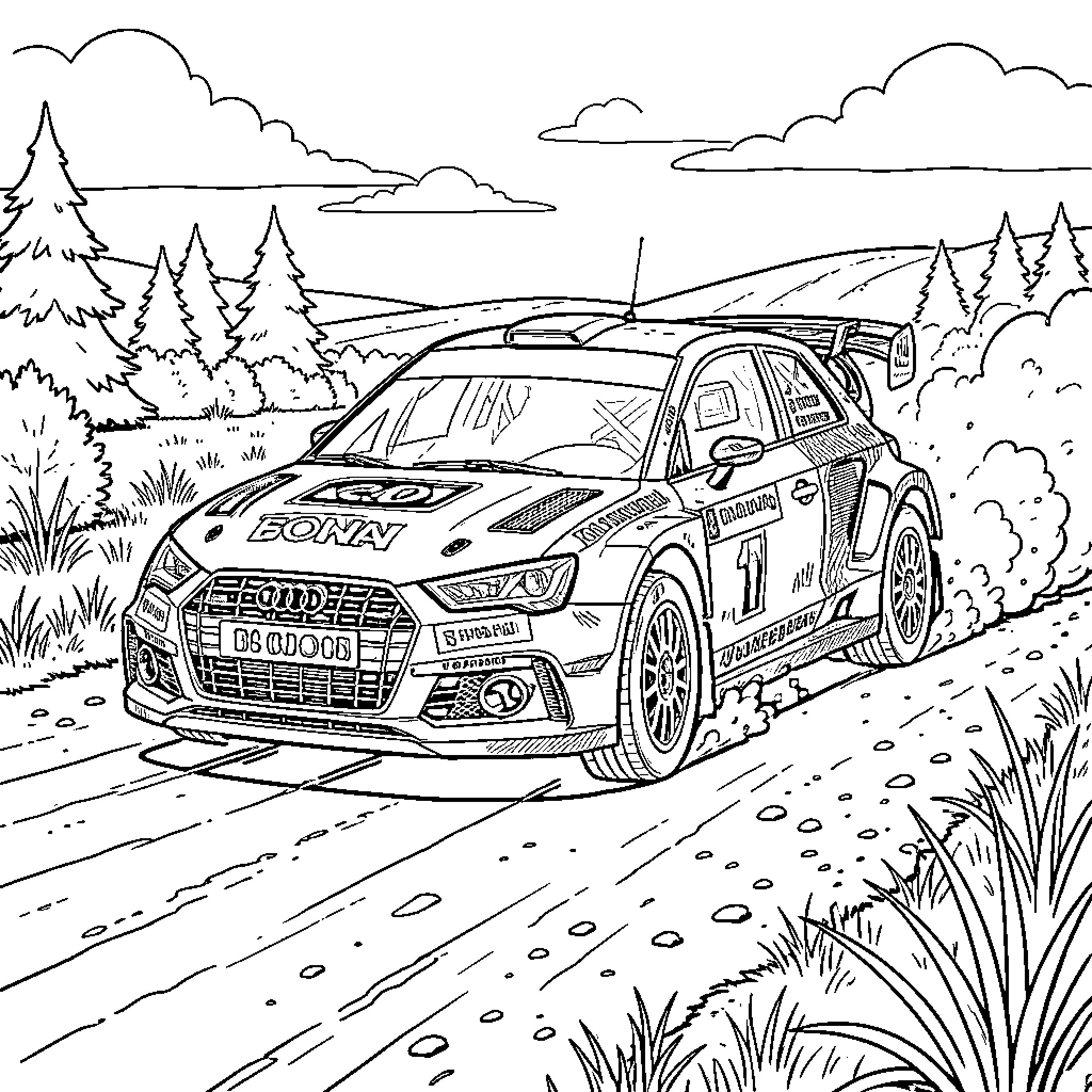 Audi rally car racing through a forest landscape Coloring Page (free black-and-white line drawing printable PDF for all, from beginners to advanced learners, including children, teens, adults, and seniors)