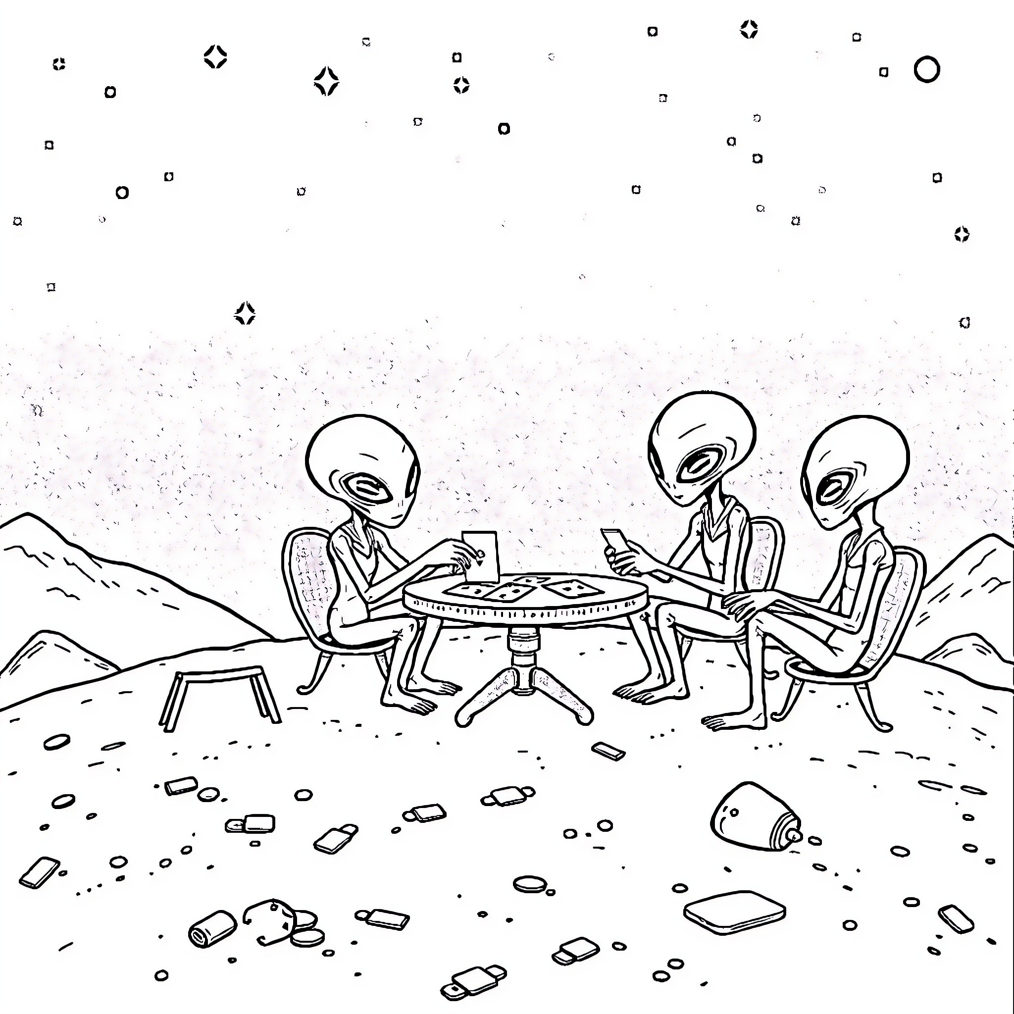 Alien Beings Enjoying a Cosmic Picnic Coloring Page (free black-and-white line drawing printable PDF for all, from beginners to advanced learners, including children, teens, adults, and seniors)