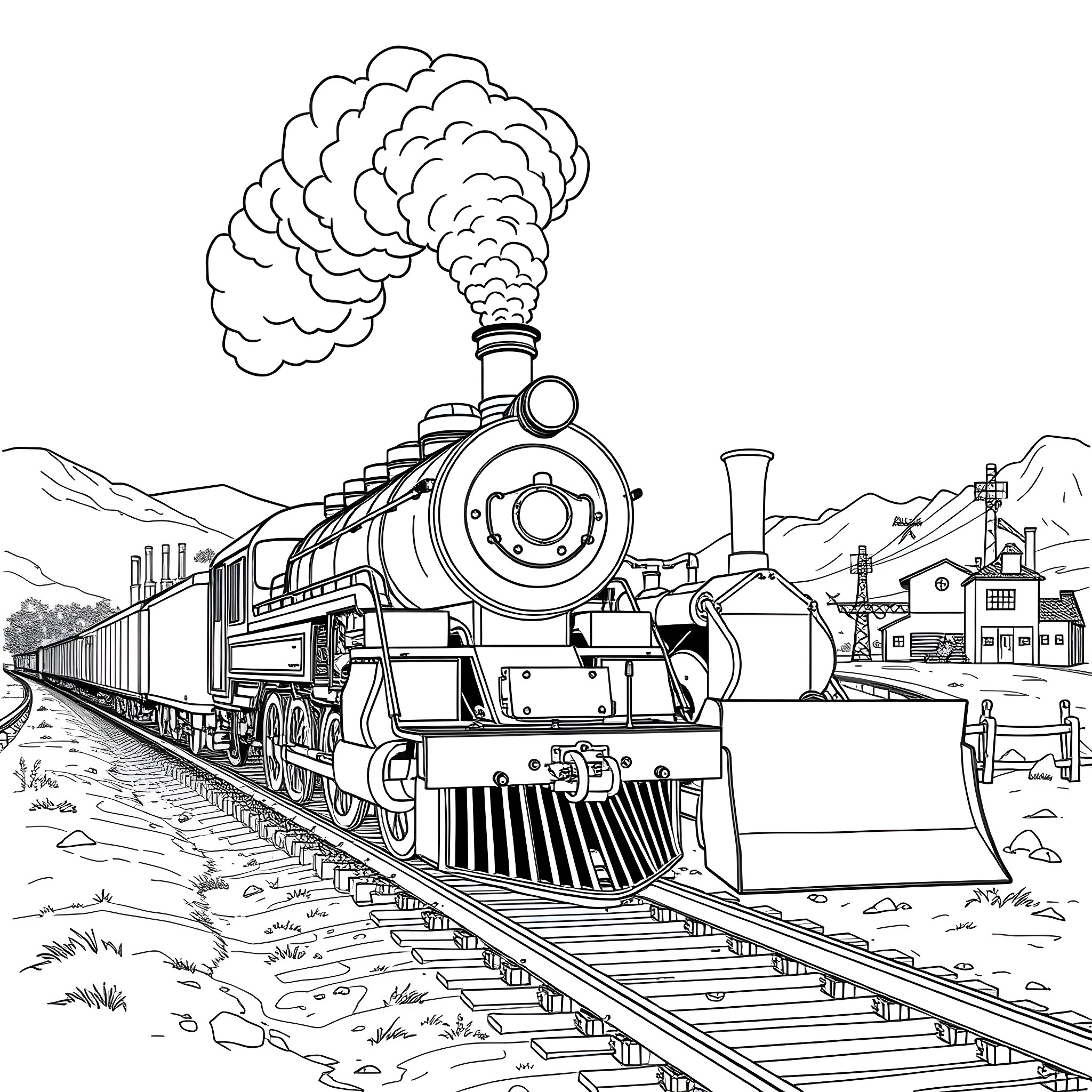 Steam Train Chugging through Mountainous Landscape Coloring Page (free black-and-white line drawing printable PDF for all, from beginners to advanced learners, including children, teens, adults, and seniors)