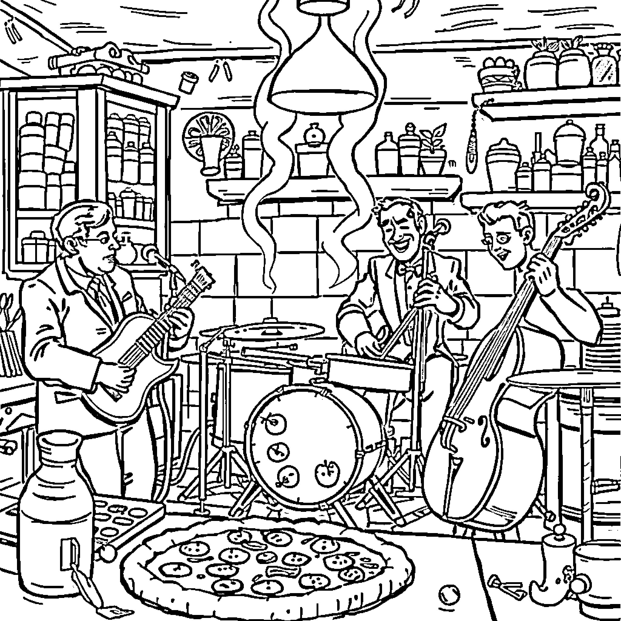 Jazz Band Playing Lively Music in a Retro Diner Coloring Page (free black-and-white line drawing printable PDF for all, from beginners to advanced learners, including children, teens, adults, and seniors)