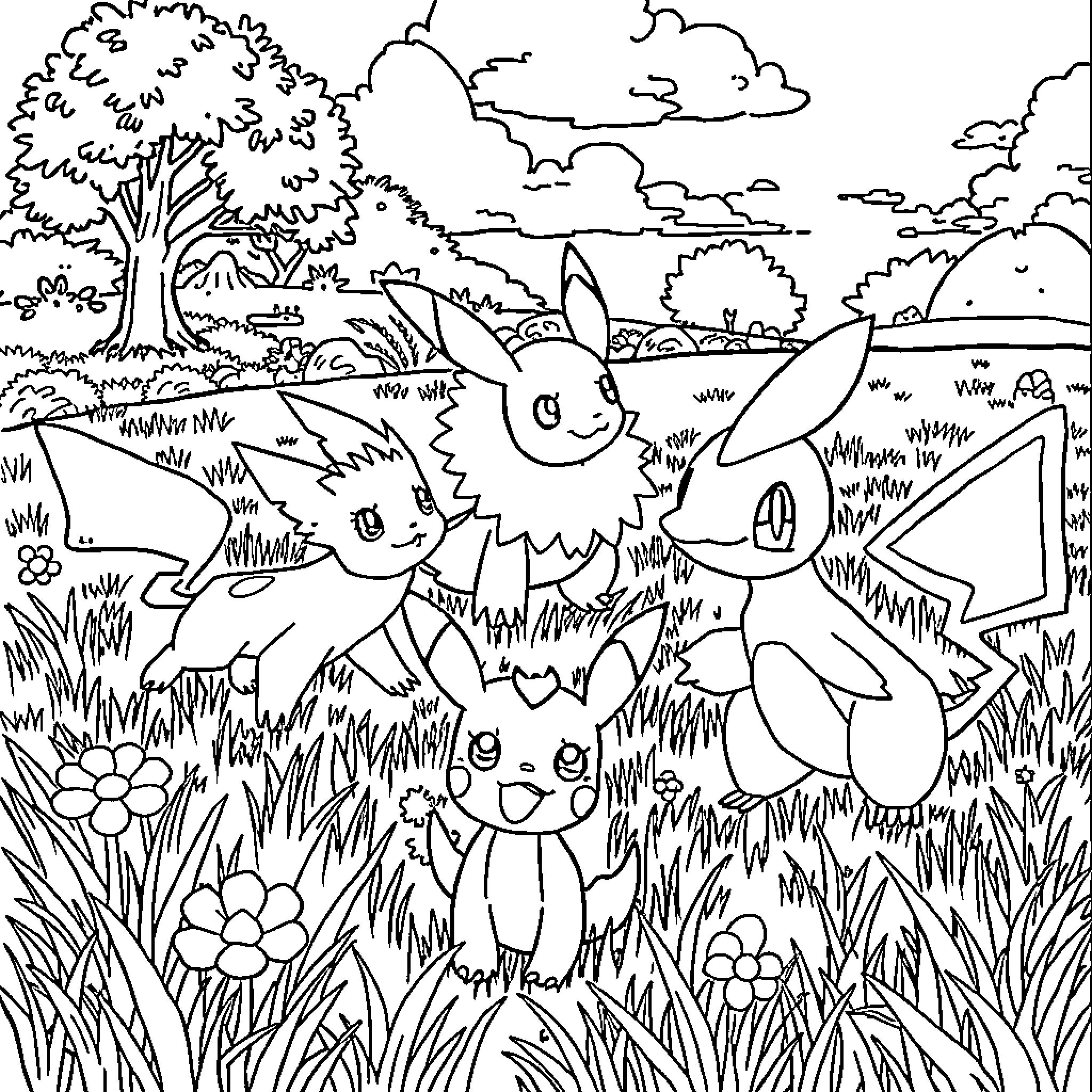 Pokémon characters playing in a lush meadow Coloring Page (free black-and-white line drawing printable PDF for all, from beginners to advanced learners, including children, teens, adults, and seniors)